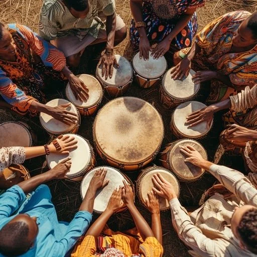 Group of people playing drums in an outdoor setting