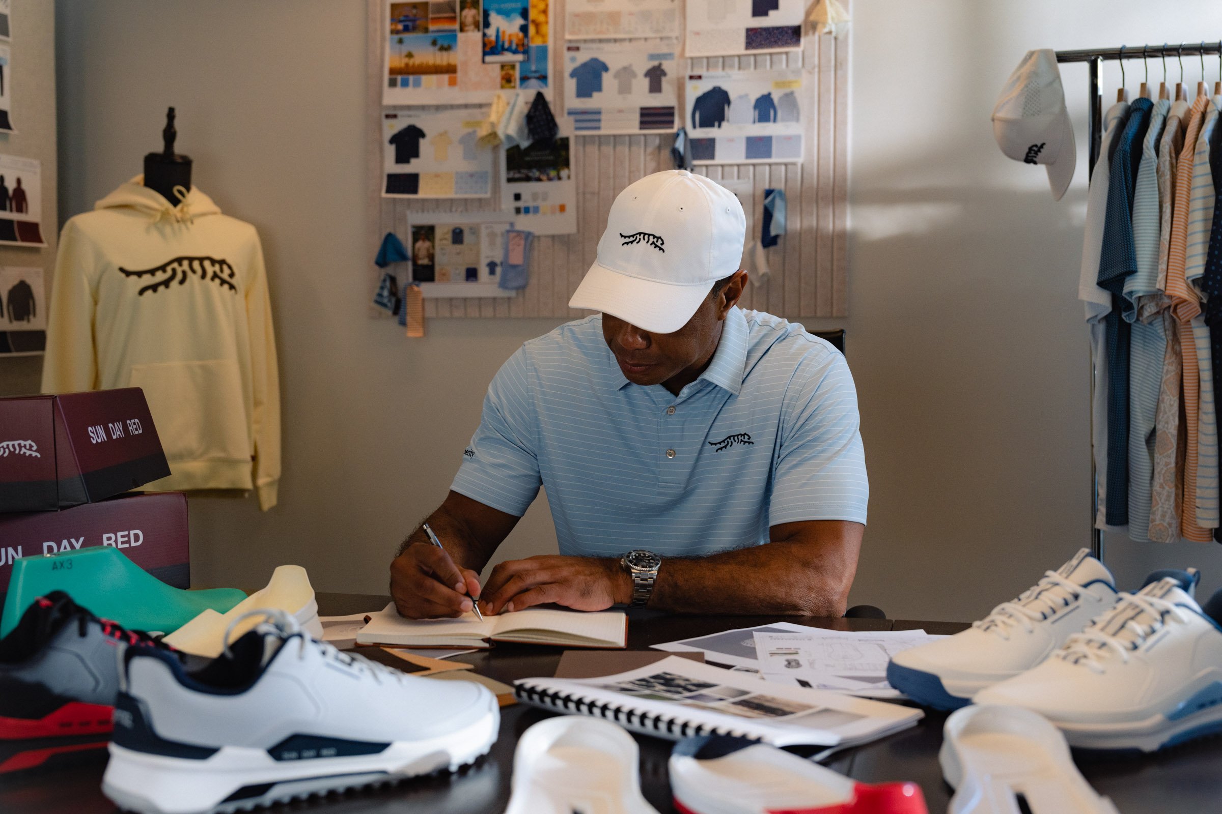 Tiger Woods portrait photographed for a premium golf apparel brand, Sun Day Red, advertising campaign by Los Angeles commercial photographer Garrett Byrum. Golf advertising photographer.