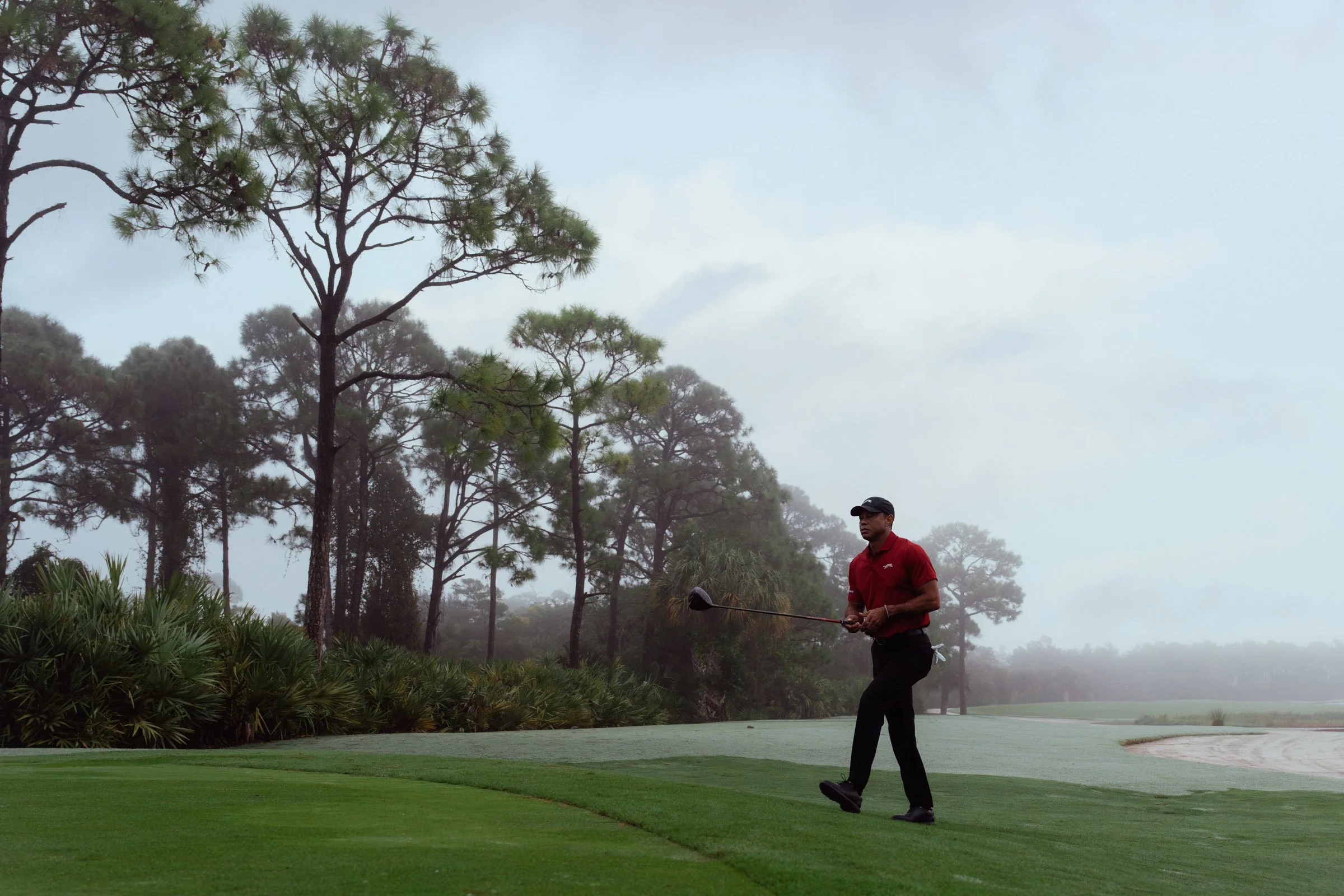 Tiger Woods photographed for a premium golf apparel brand, Sun Day Red, advertising campaign by Los Angeles commercial photographer Garrett Byrum. Golf advertising photographer.
