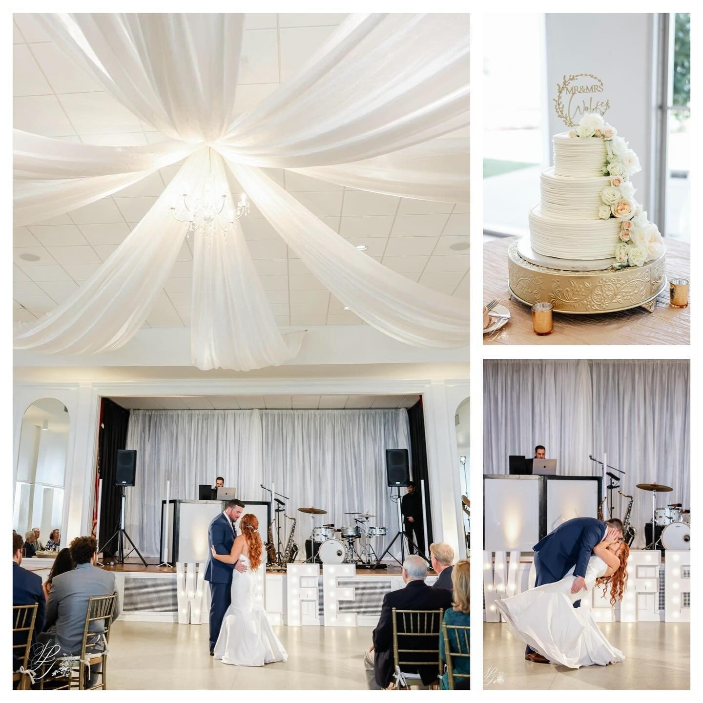 Lovely wedding at the Tampa Garden Club. We provided the Draped Ceiling Starburst, Stage Draping, &amp; Gold Cake Stand. Pleasure working with Olive Tree Weddings, Jennie&rsquo;s Flowers, &amp; Reign Beauty Collective! &mdash;&mdash;&mdash;&mdash;&md