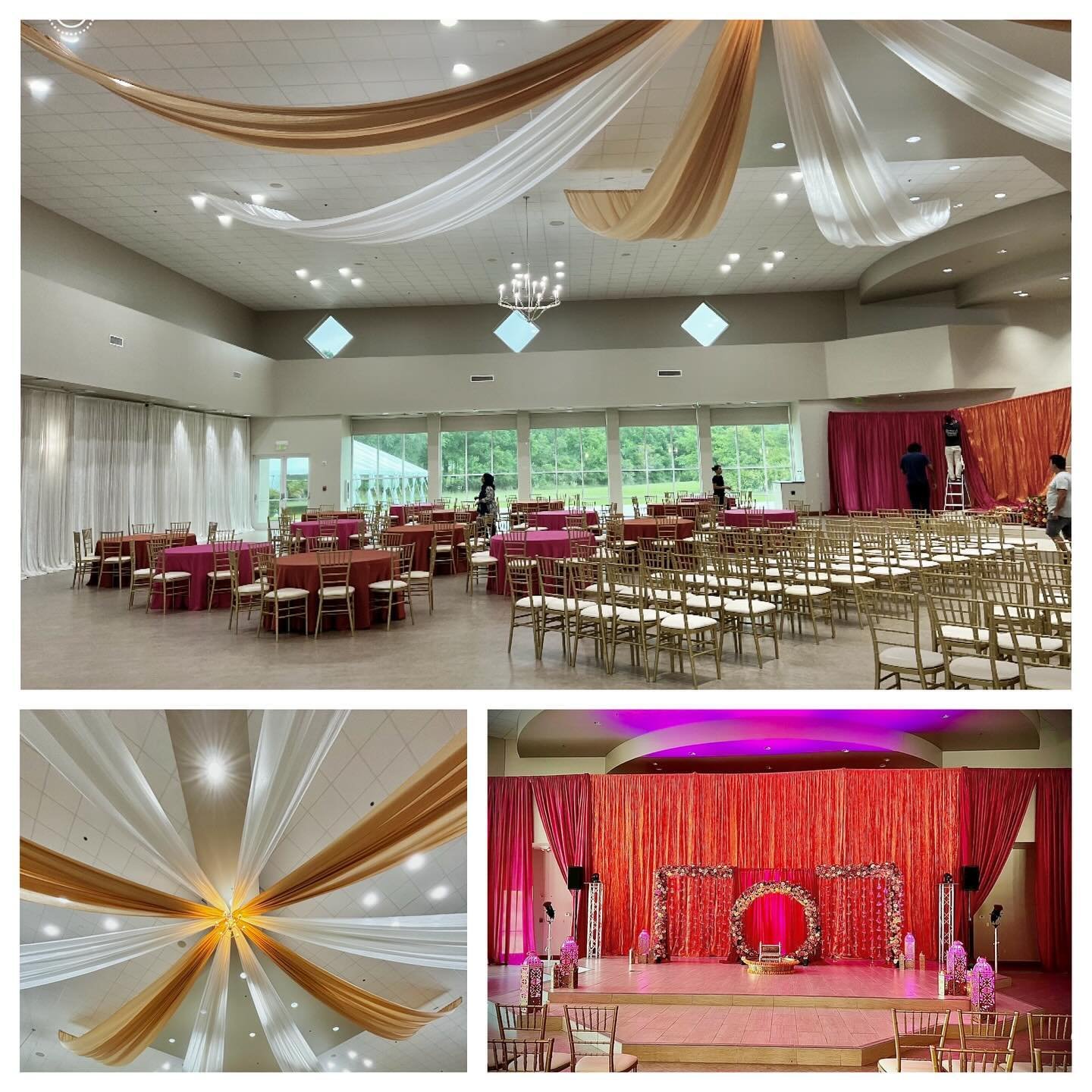 Part 1 of this beautiful Indian Wedding at The Venetian. We provided the Draped Ceiling Starburst (White/Champagne Drapes), Draped Backdrop (Burnt Orange &amp; Fuchsia Drapes), &amp; Gold Chiavari Chairs. Pleasure working with Occasions by Bali &amp;