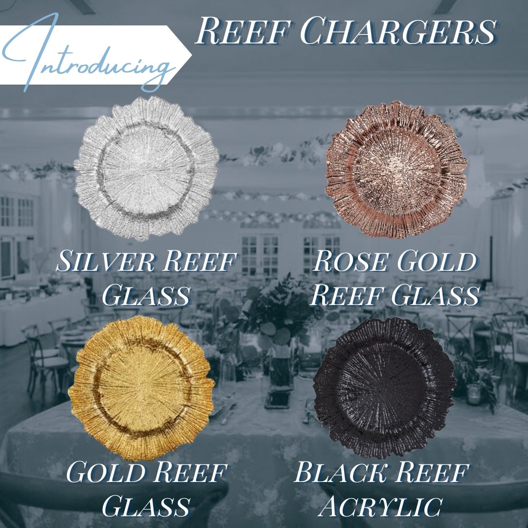 Introducing our Reef Chargers! Silver Reef Glass, Rose Gold Reef Glass, Gold Reef Glass, and Black Reef Acrylic are all available on our website now! 🎉

Contact Us for Booking, or Check out our Website, link in bio!

Call/Text 813-661-2933 or Email 