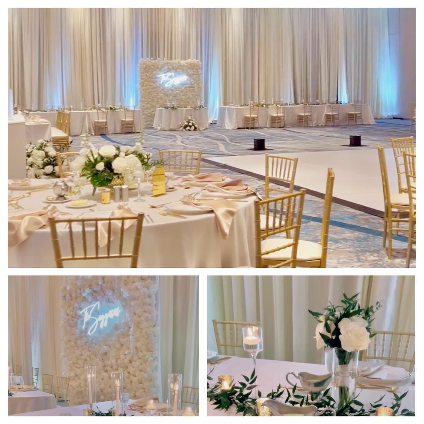 Wedding at the Hilton Tampa Downtown. We provided the Wall Draping, Gold Chiavari Chairs, &amp; Up Lights. Pleasure working with Wildermind Events, Oak &amp; Ash Events, Save The Date Florida, Linens by the Sea, Lavish Backdrops, &amp; Midnight Rider
