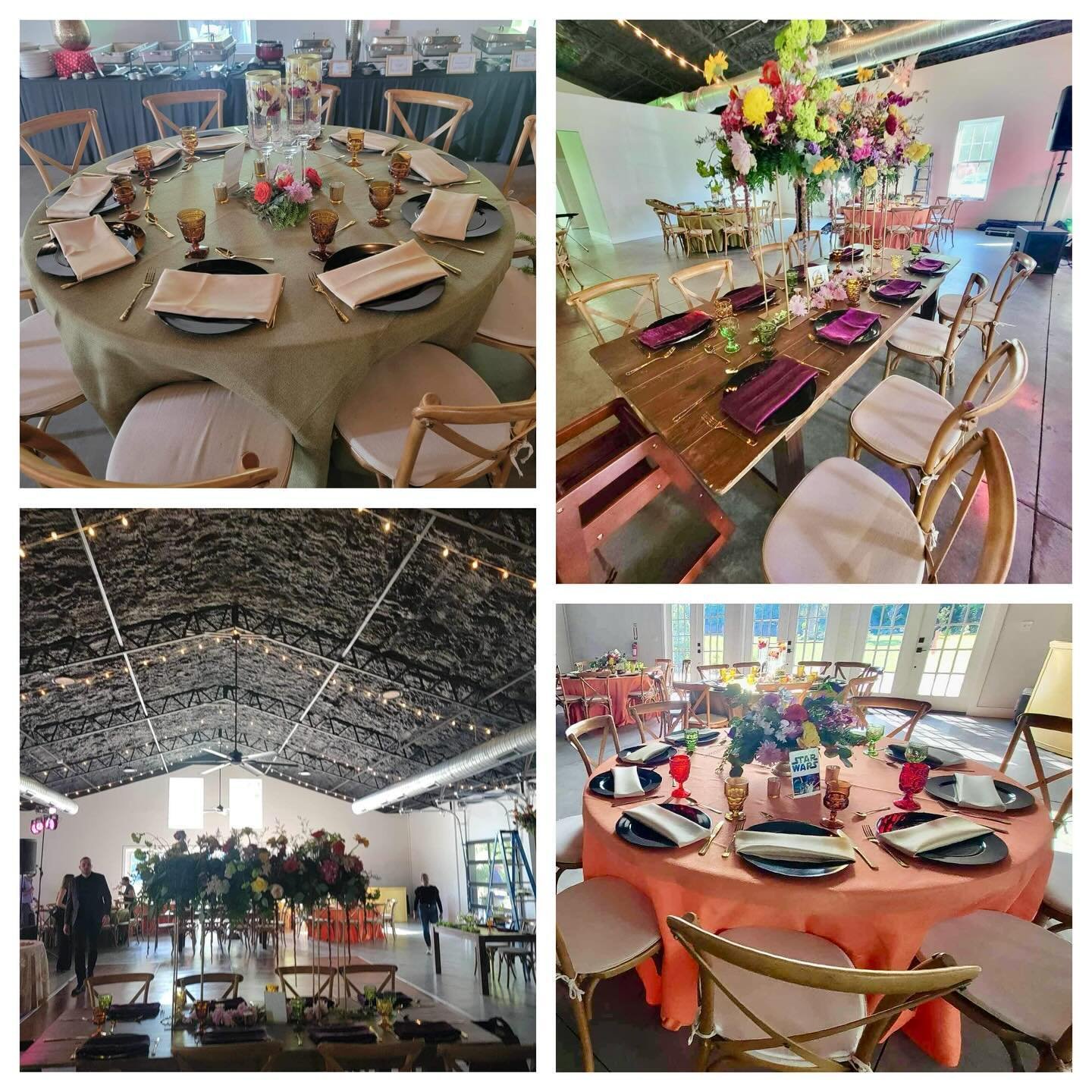 Recent wedding at Paradise Springs. We provided all the Tables, Wood Crossback Chairs, Market Lighting, Plateware, Glassware (including our Mix-Matched Vintage Goblets), Gold Utensils, &amp; Black Chargers. &mdash;&mdash;&mdash;&mdash;&mdash;&mdash;&