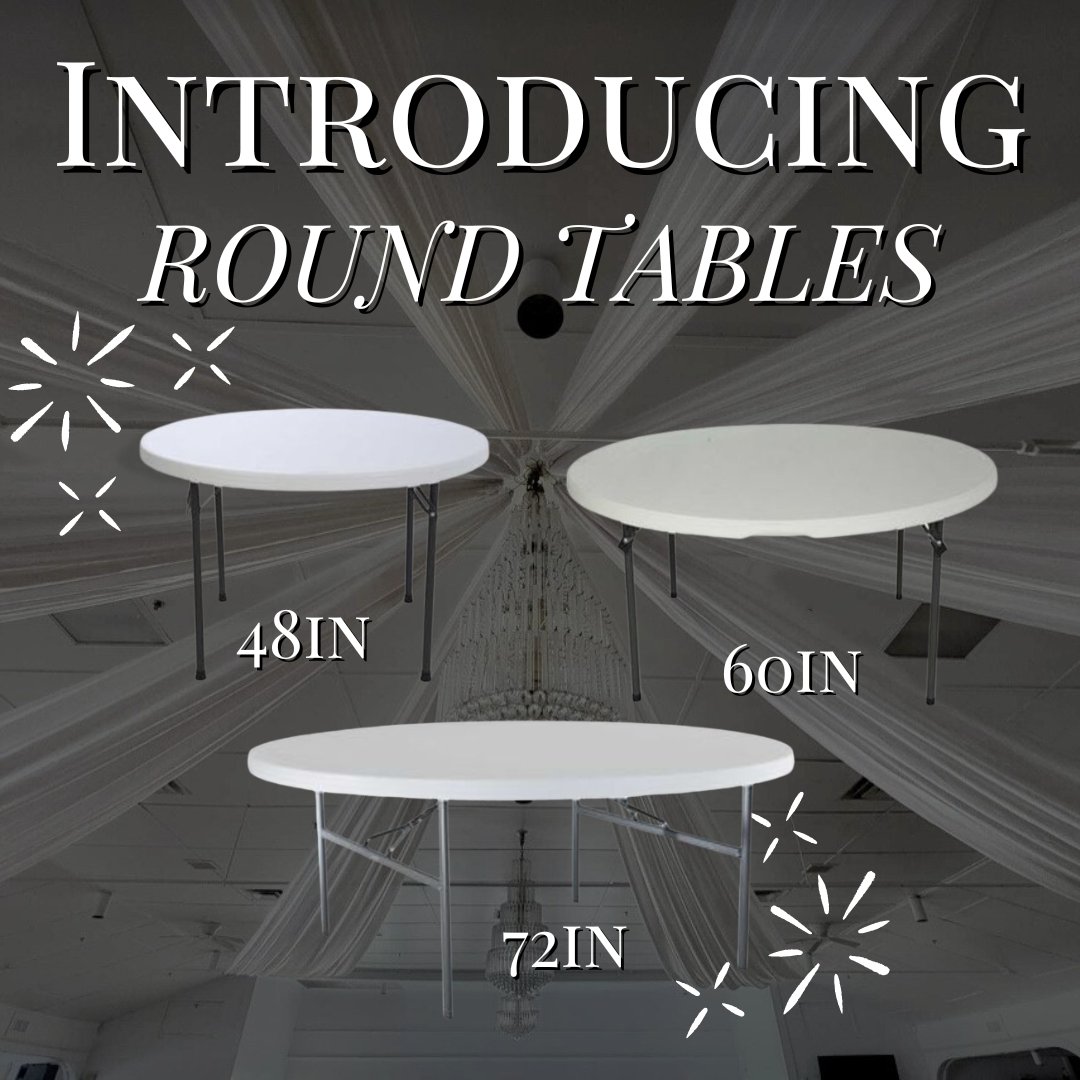 Introducing our Round Tables, 48in, 60in, and 72in, all available on our website now! 🎉

Contact Us for Booking or Check out our Website, link in bio!

Call/Text 813-661-2933 or Email info@otmrentalsandevents.com
.
.
.
#eventdecor #tampa #weddingdec