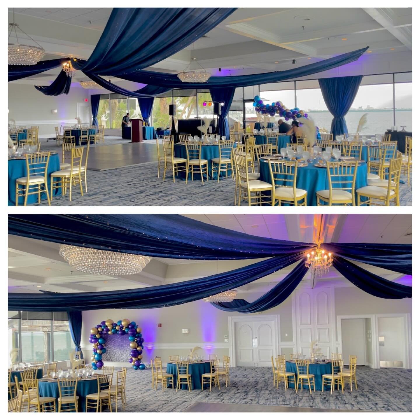 Wedding at the Rusty Pelican. We provided the Navy Blue Draped Ceiling Starburst, Navy Blue Draped Window Swags, &amp; Gold Chiavari Chairs. &mdash;&mdash;&mdash;&mdash;&mdash;&mdash;&mdash;&mdash;&mdash;&mdash;&mdash;&mdash;&mdash;&mdash;&mdash;&mda