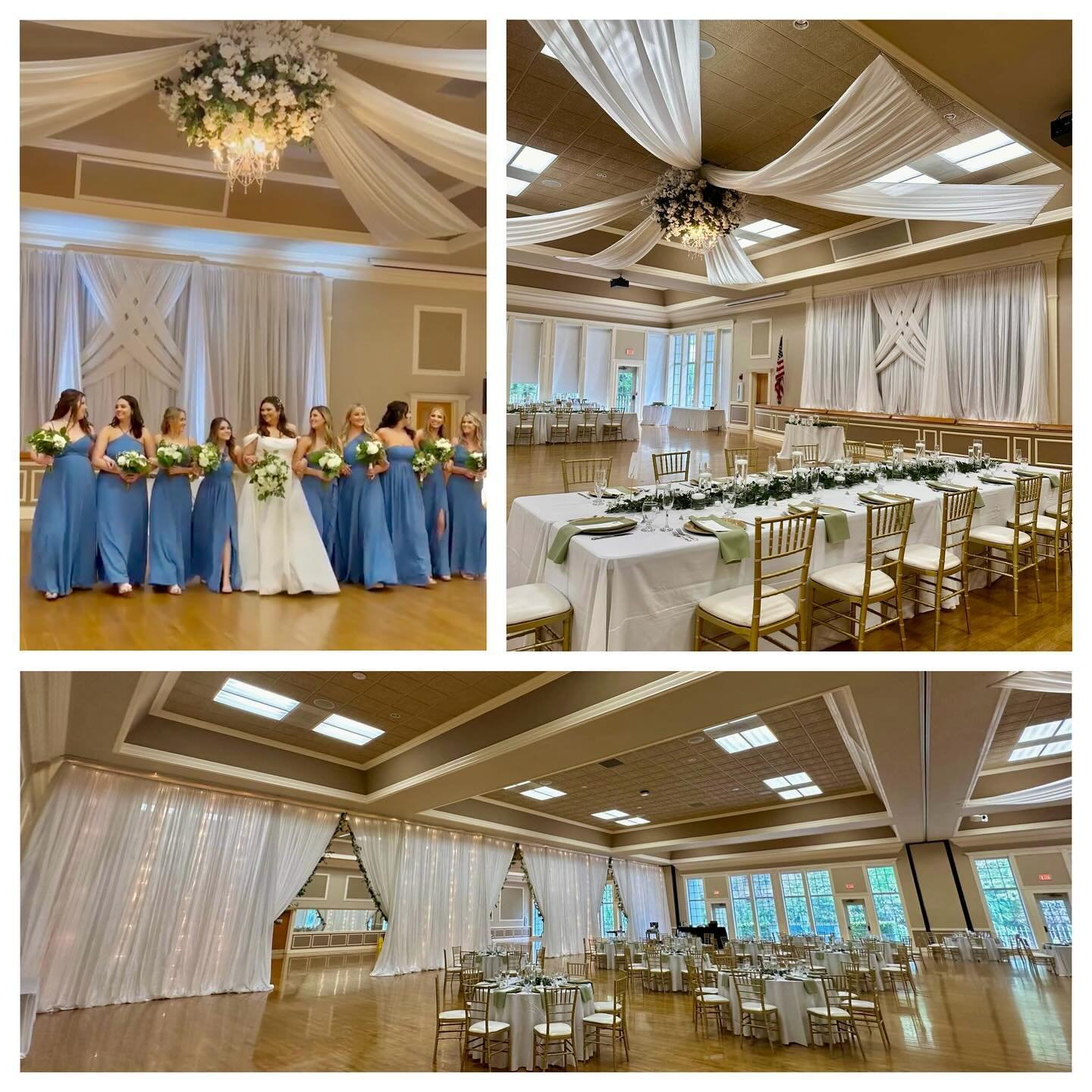 Picture perfect wedding at Higgins Hall. We provided the Draped Ceiling Starburst, Draped Room Divider with String Lights + Faux Vines, Draped Stage/Backdrop, &amp; Gold Chiavari Chairs. Pleasure working with Beyond Floral &amp; Arlene&rsquo;s Floral