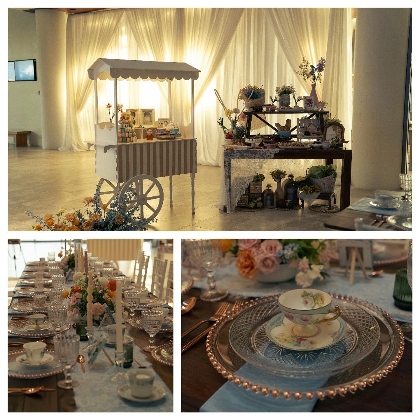 Reception setup at the Museum of American Arts & Crafts Movement. Shown is our Draped Backdrop, Wood Farm Tables, Vintage Table for the cake, Vintage Clear Goblets, Rose Gold Beaded Glass Chargers, & Rose Gold Utensils. Pleasure working with