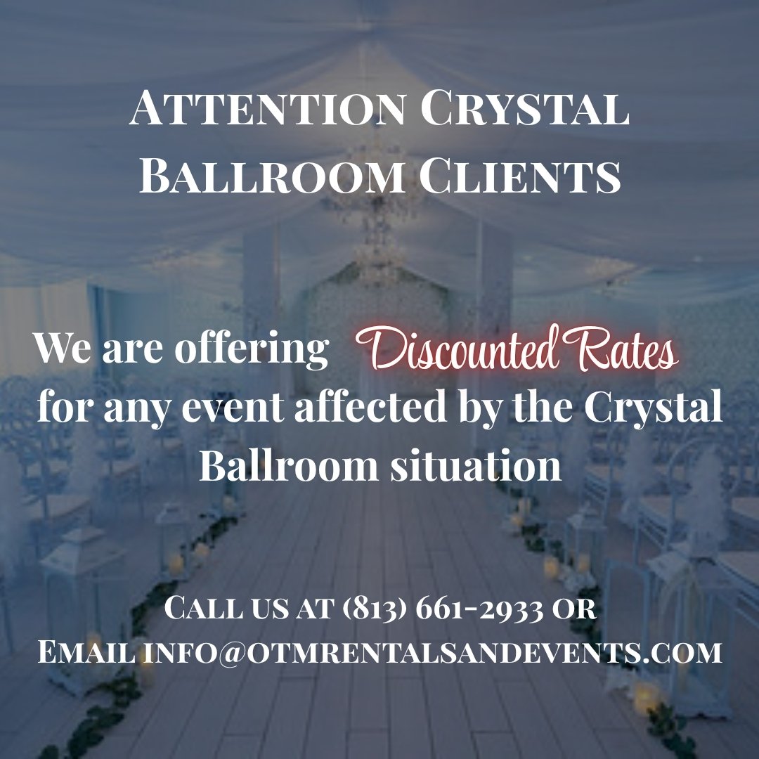 For all Crystal Ballroom clients affected by the current situation, we are offering deeply discounted rates! Inquire with us at (813) 661-2933 or info@otmrentalsandevents.com for more information!
.
.
.
#tamparentals #tampadecor #tampaevents #tampawe