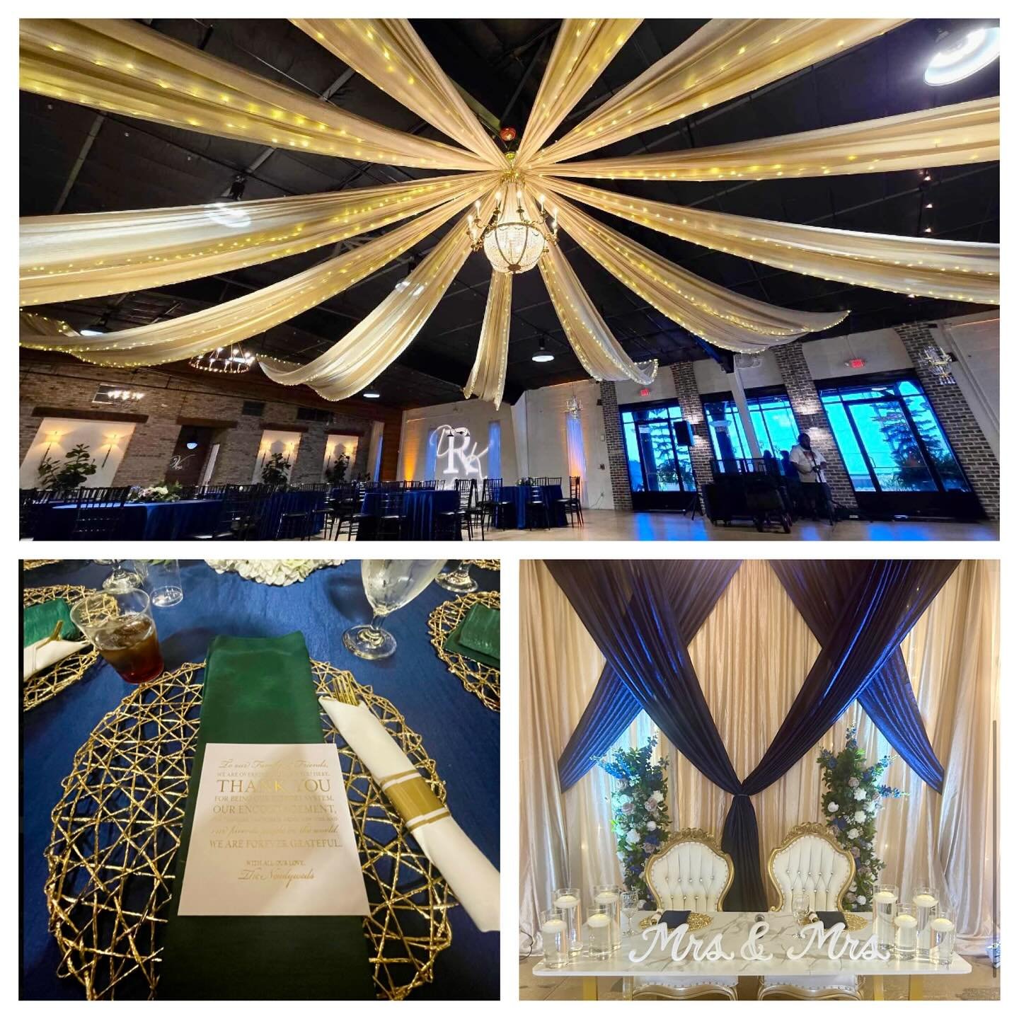 Beautiful wedding at Venue 650. We provided the Draped Ceiling “Starburst” with String Lights, Draped Backdrop, Grace Chairs (Gold Vintage Chairs), Gold Wire Placemats, Custom Monogram Gobo, & various other rentals. Pleasure working w