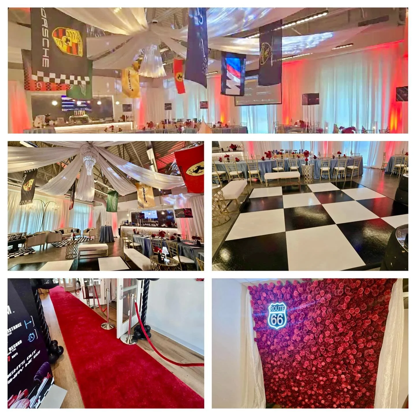 At Florida Avenue Brewing Company. Shown is our Draped Ceiling “Starburst”, Wall Draping, Gold Chiavari Chairs, Gold Benches & Accent Tables, Red Rose Flower Wall, Red Carpet w/Red Ropes & Stanchions, Up Lighting, Black & Whit