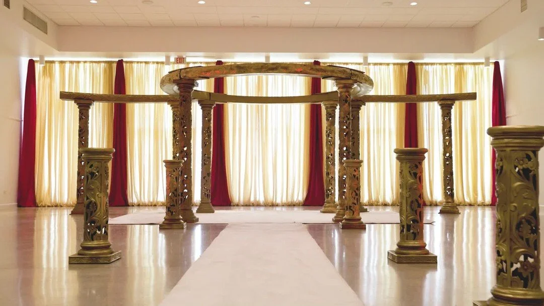 Our brand new Gold Mandap being set up at @tampagardenclub with a Champagne and Fuchsia Draped Divider, White Carpet Runners, and our brand new Small Gold Columns!
The Mandap is customizable to be 10ft in length as shown, down to 8ft, or as an arch