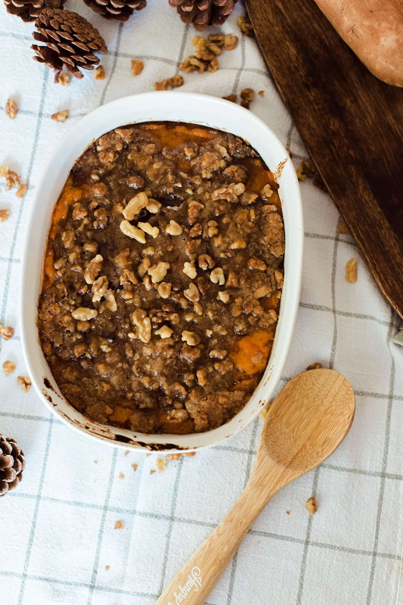 Overhead view of cinnamon streusel swirled sweet potato casserole.