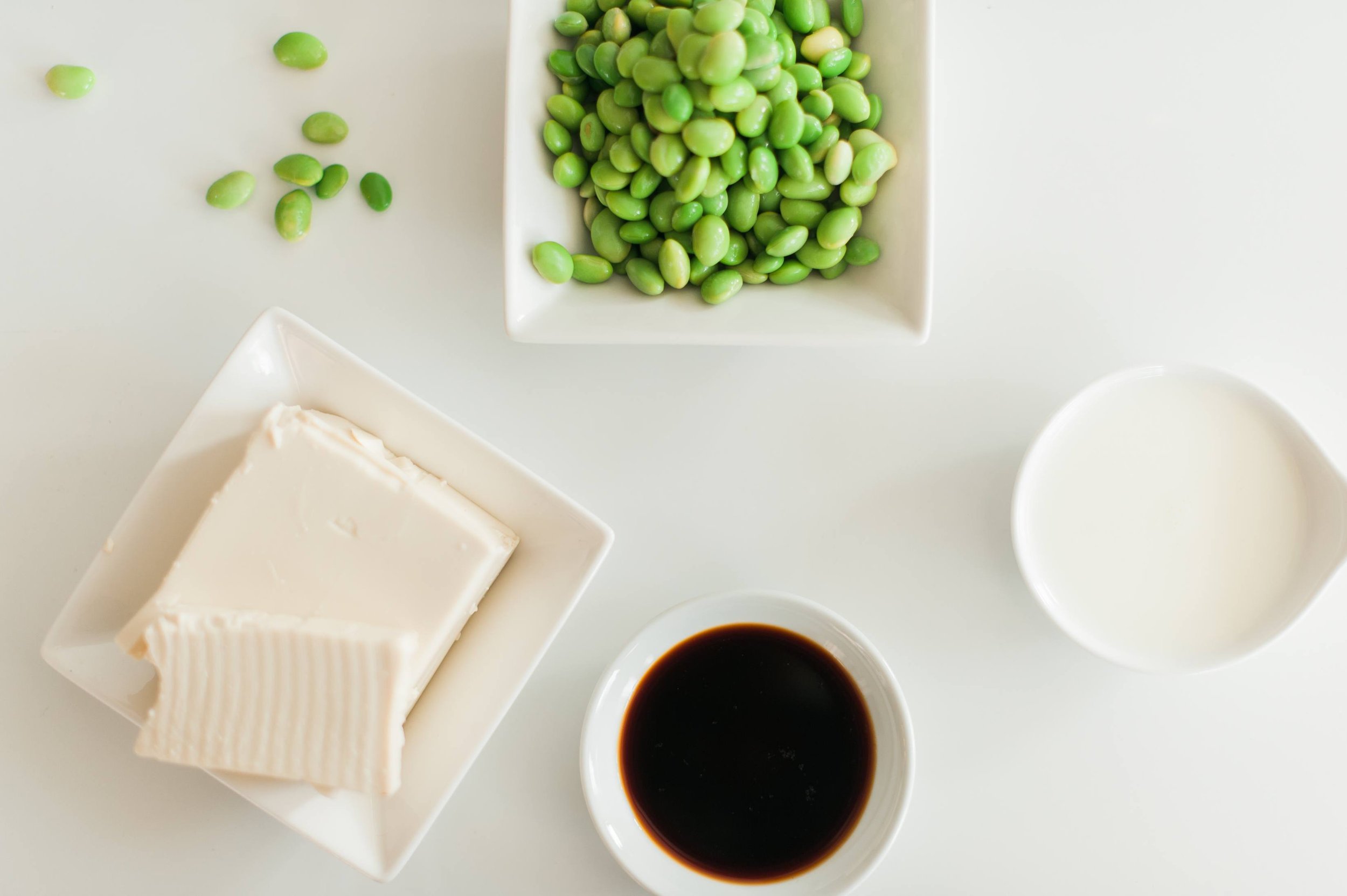 A spread of different soybean products like edamame, soy sauce, and tofu spread out for the hungry for truth initiative