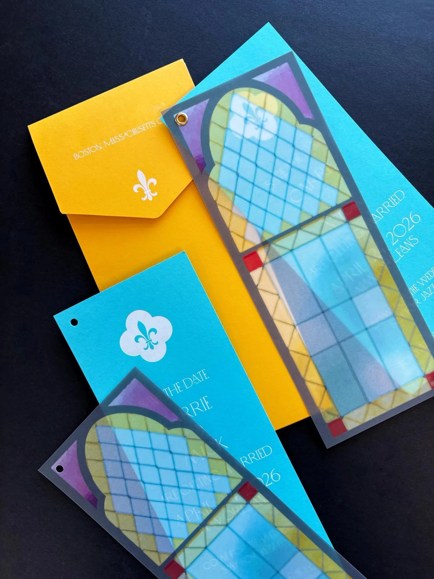 Oh what fun to create something so colorful and lively for Carrie &amp; Mick&rsquo;s celebration! 🩵⚜️ #weddinginvite #stationerydesign