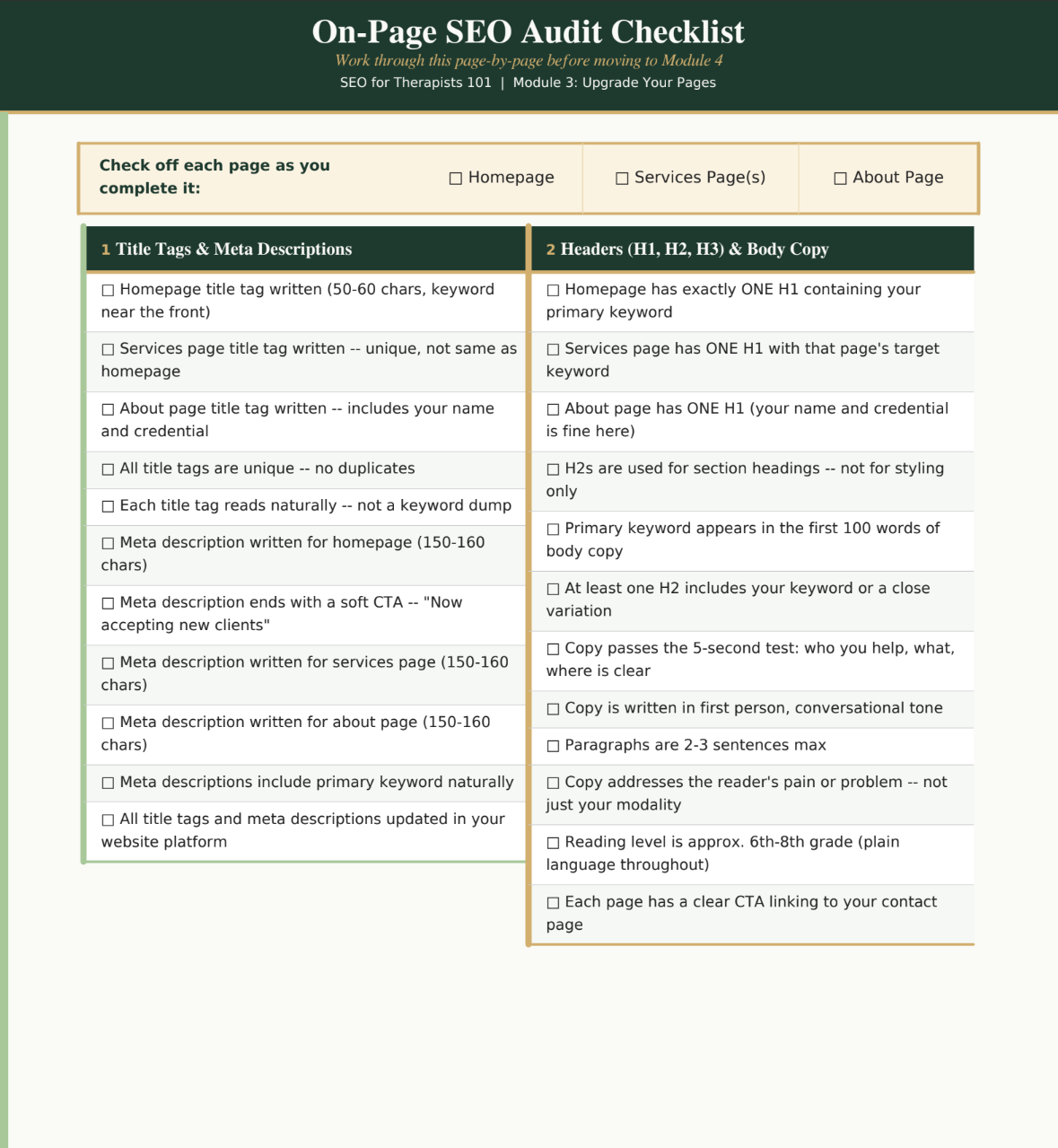 On page audit checklist for SEO for therapists