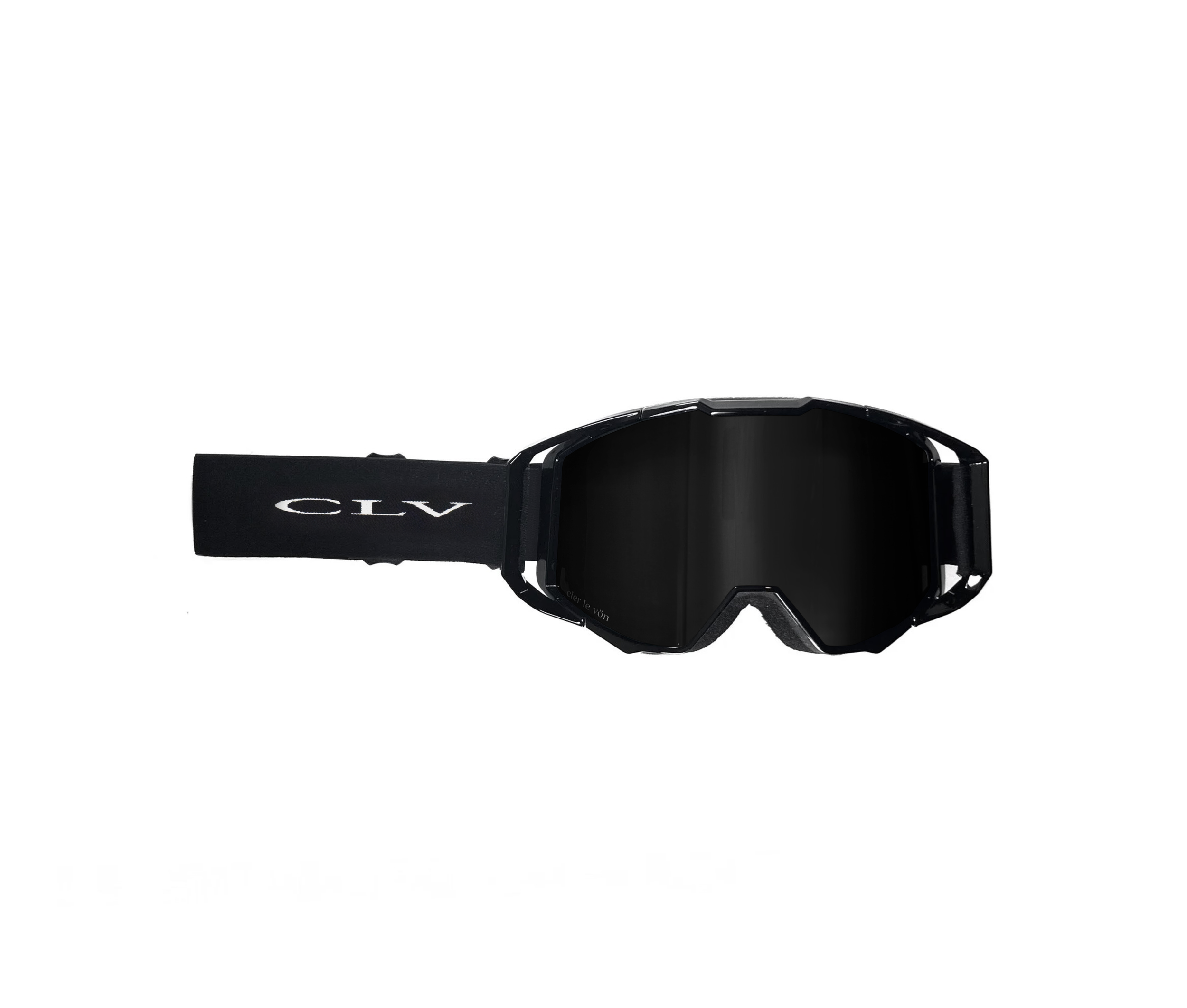 Black goggles with a black strap labeled 'CLV' on a white background.