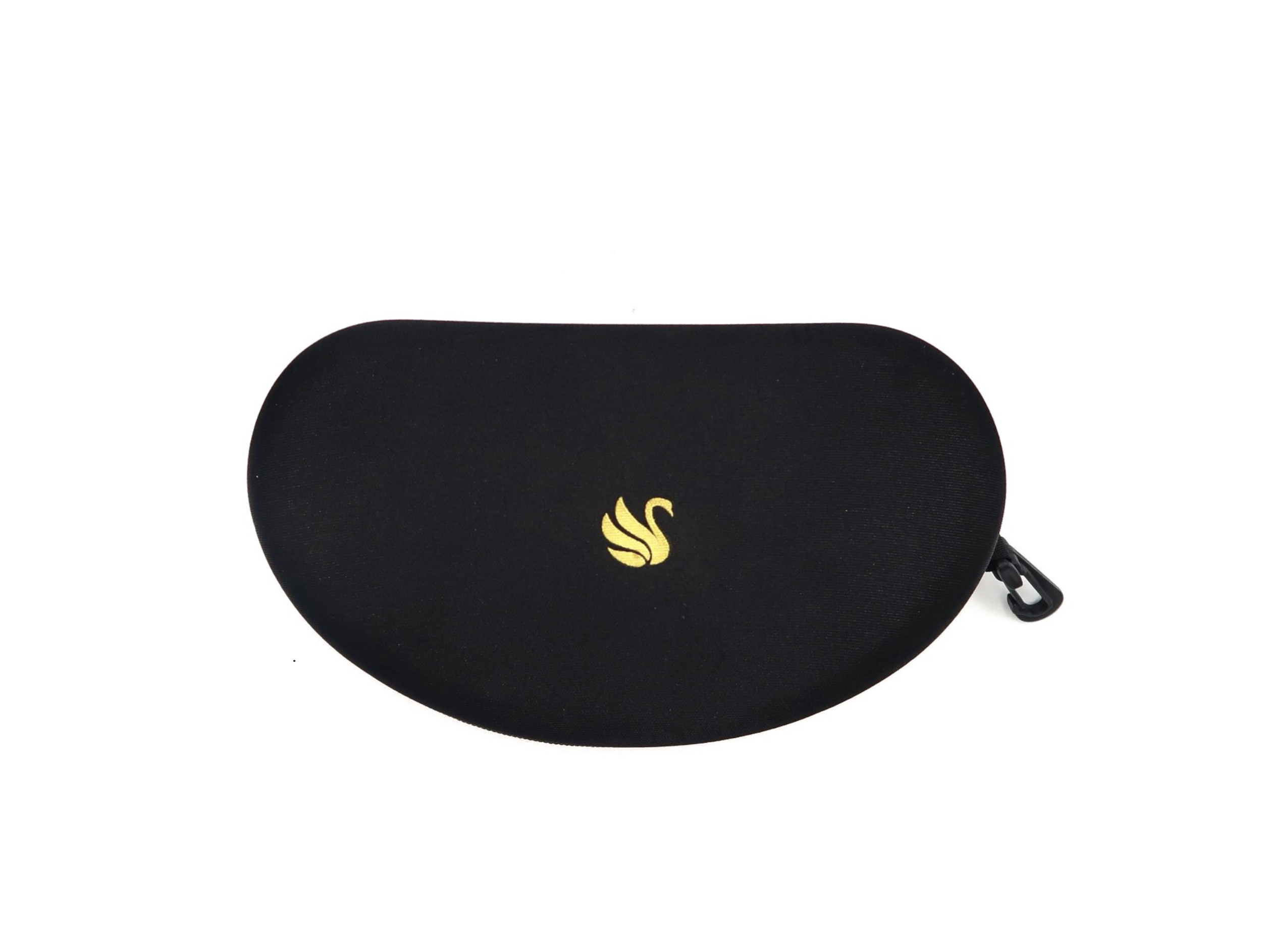 Black oval-shaped sunglasses case with a small yellow swan logo and a zipper on the side.