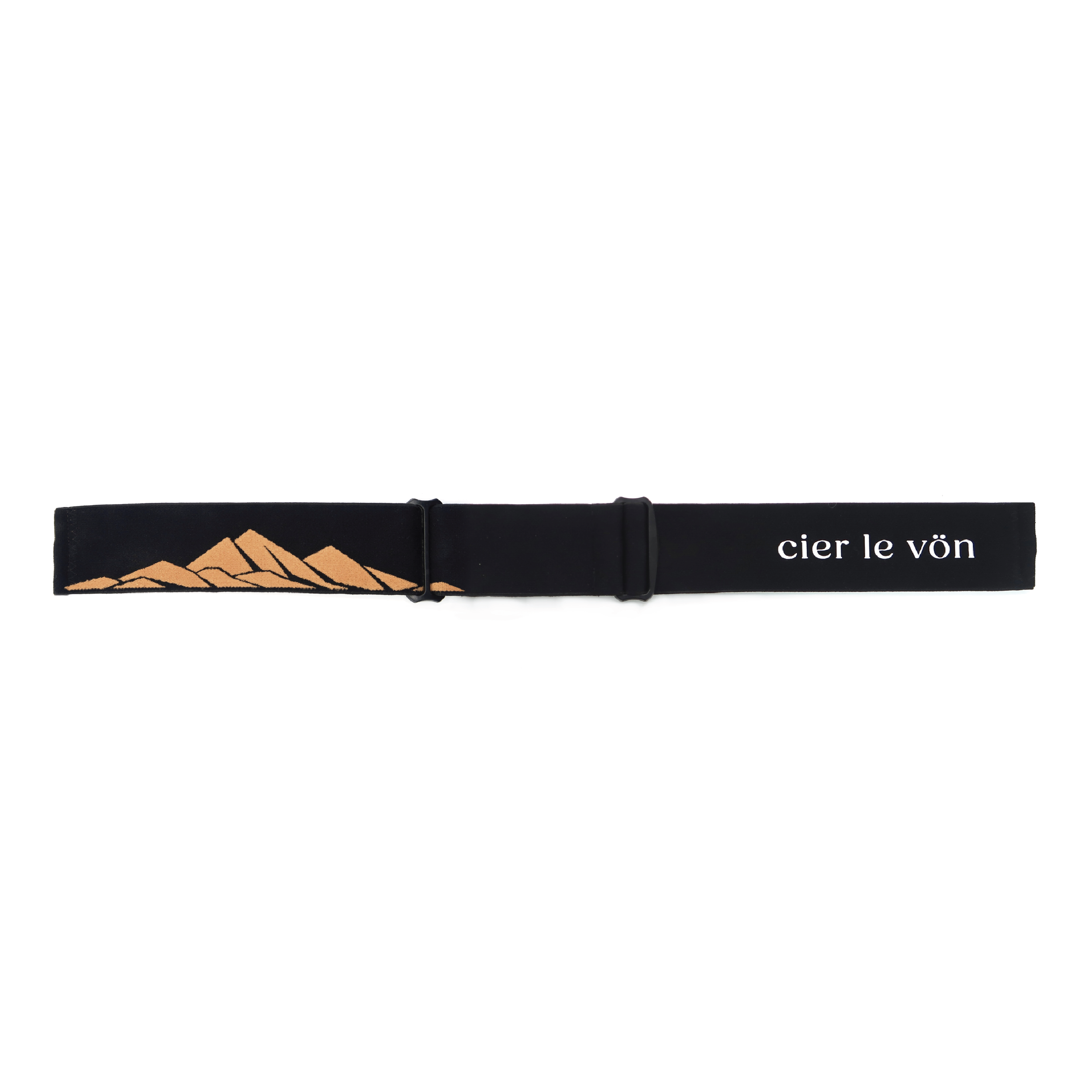 A black fashion designer hand-made mtb mx universal goggle strap crest diablo mountain illustration with the text 'cier le vön' logo on it.