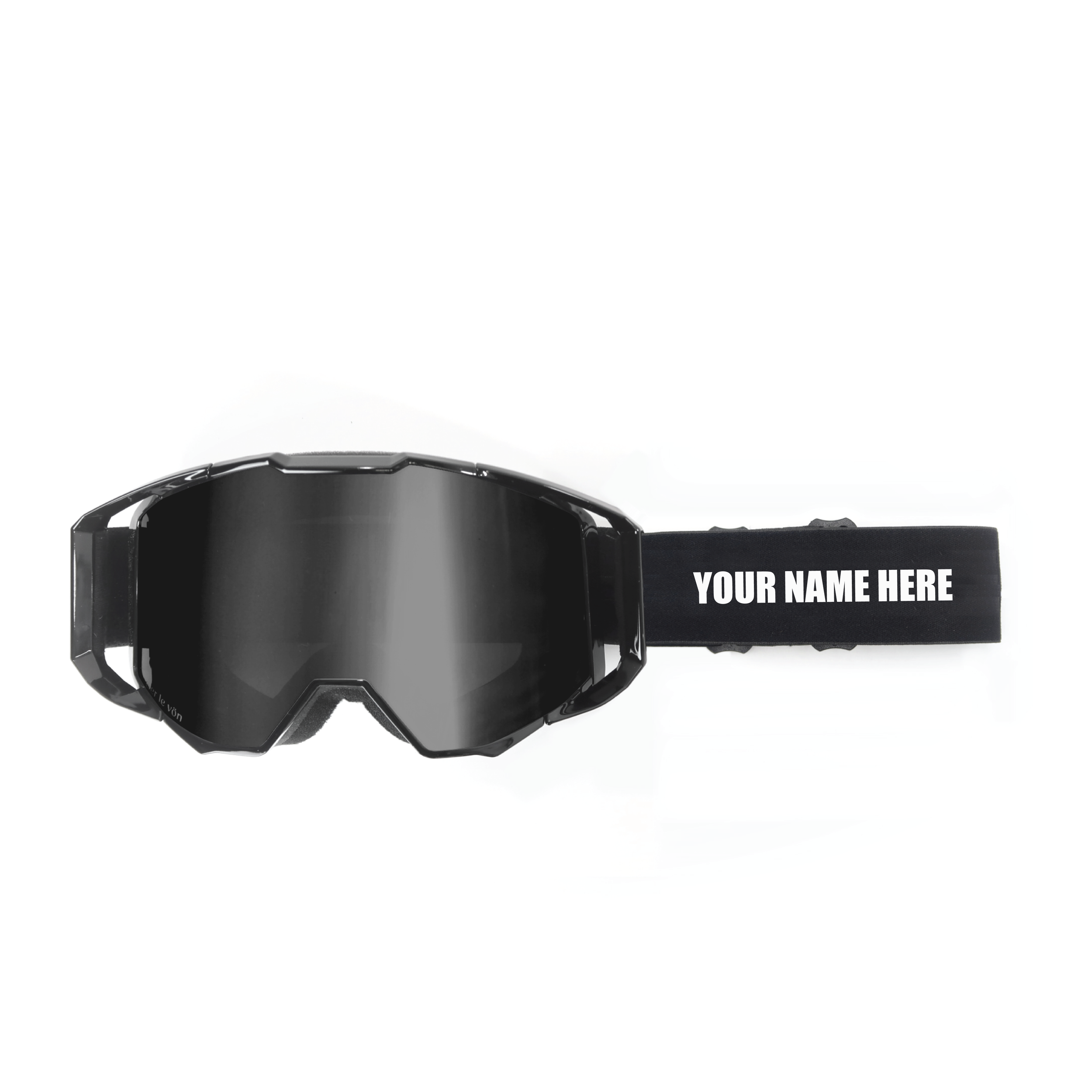 Black ski goggles with adjustable strap labeled 'Your Name Here'