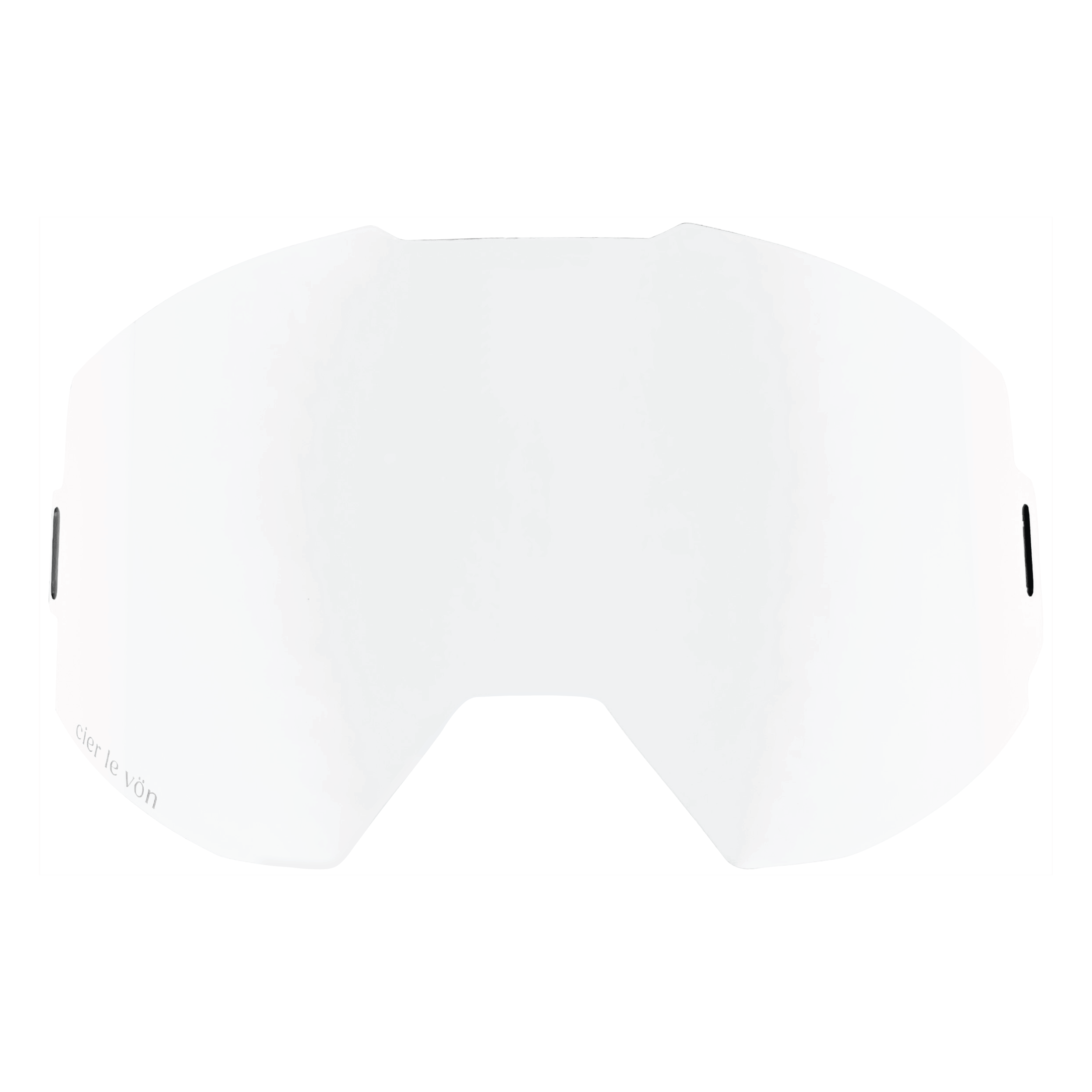 A white ski or snowboard goggle lens with black vents on each side, viewed from the front.