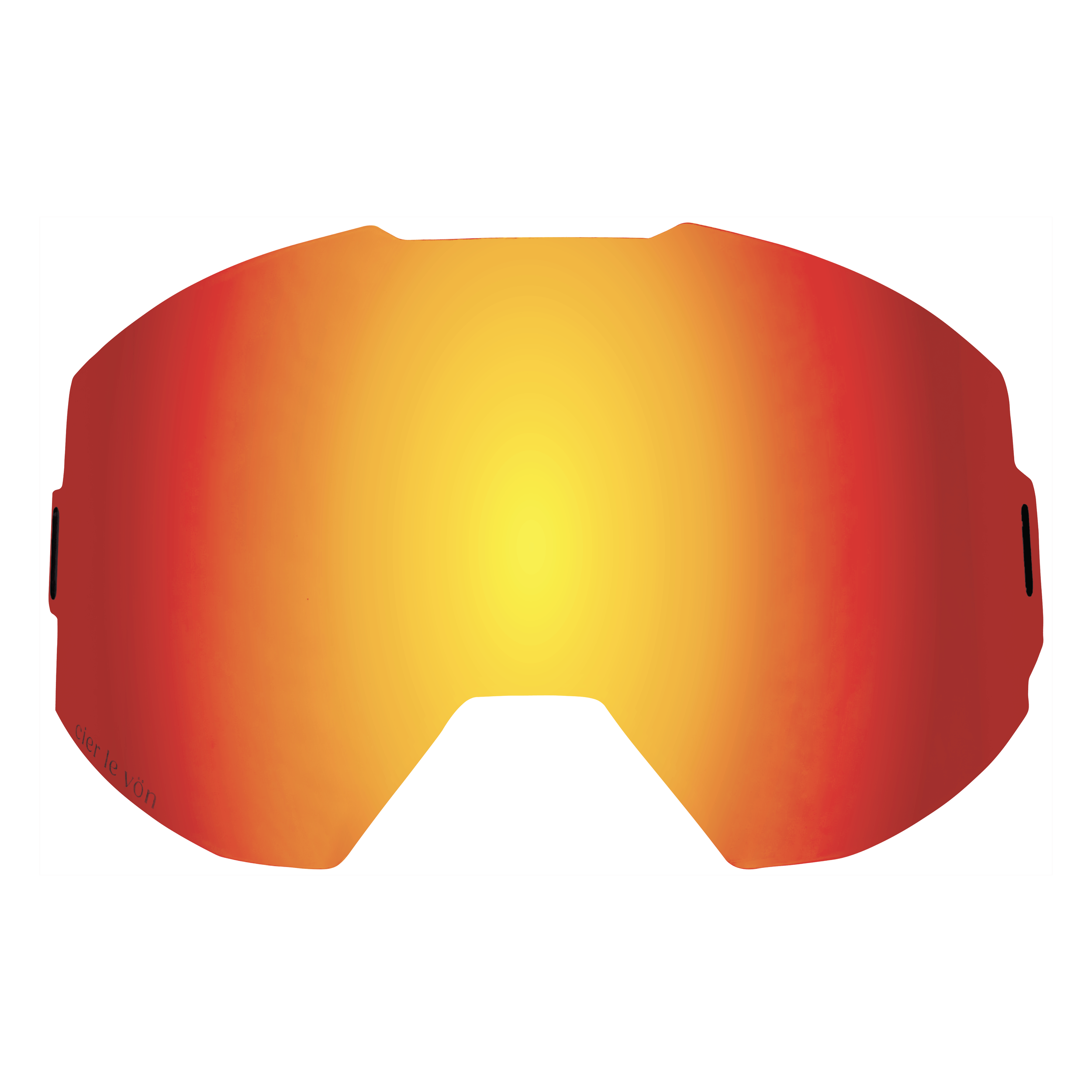 Image of a ski or snowboard goggle lens with a gradient tint from yellow in the center to red at the edges.