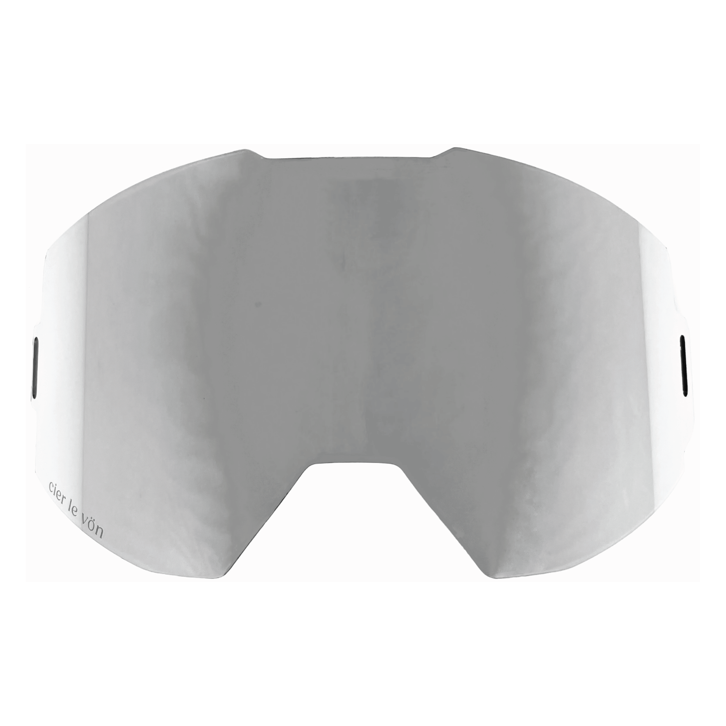 A pair of clear, tinted ski or snowboard goggles with black vent holes on the sides and the text "Cier le vøn" on the lower left side.
