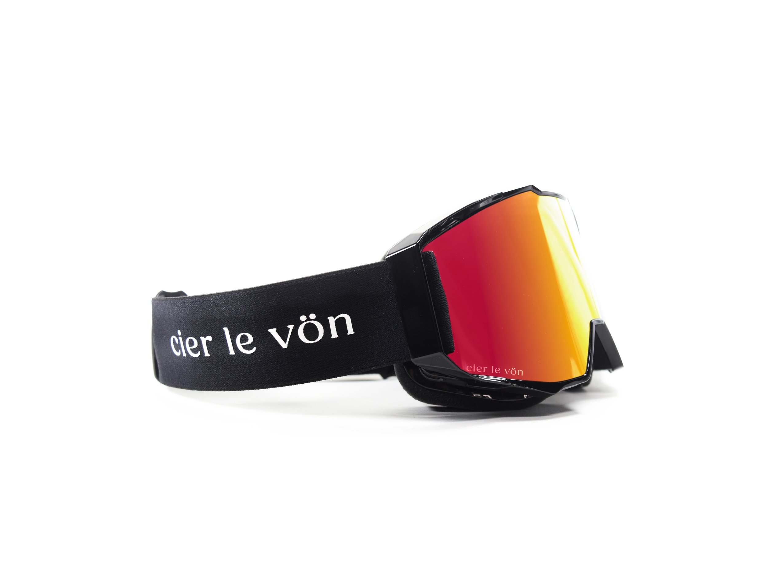 Ski goggles with black strap and reflective orange-red lenses on a white background.