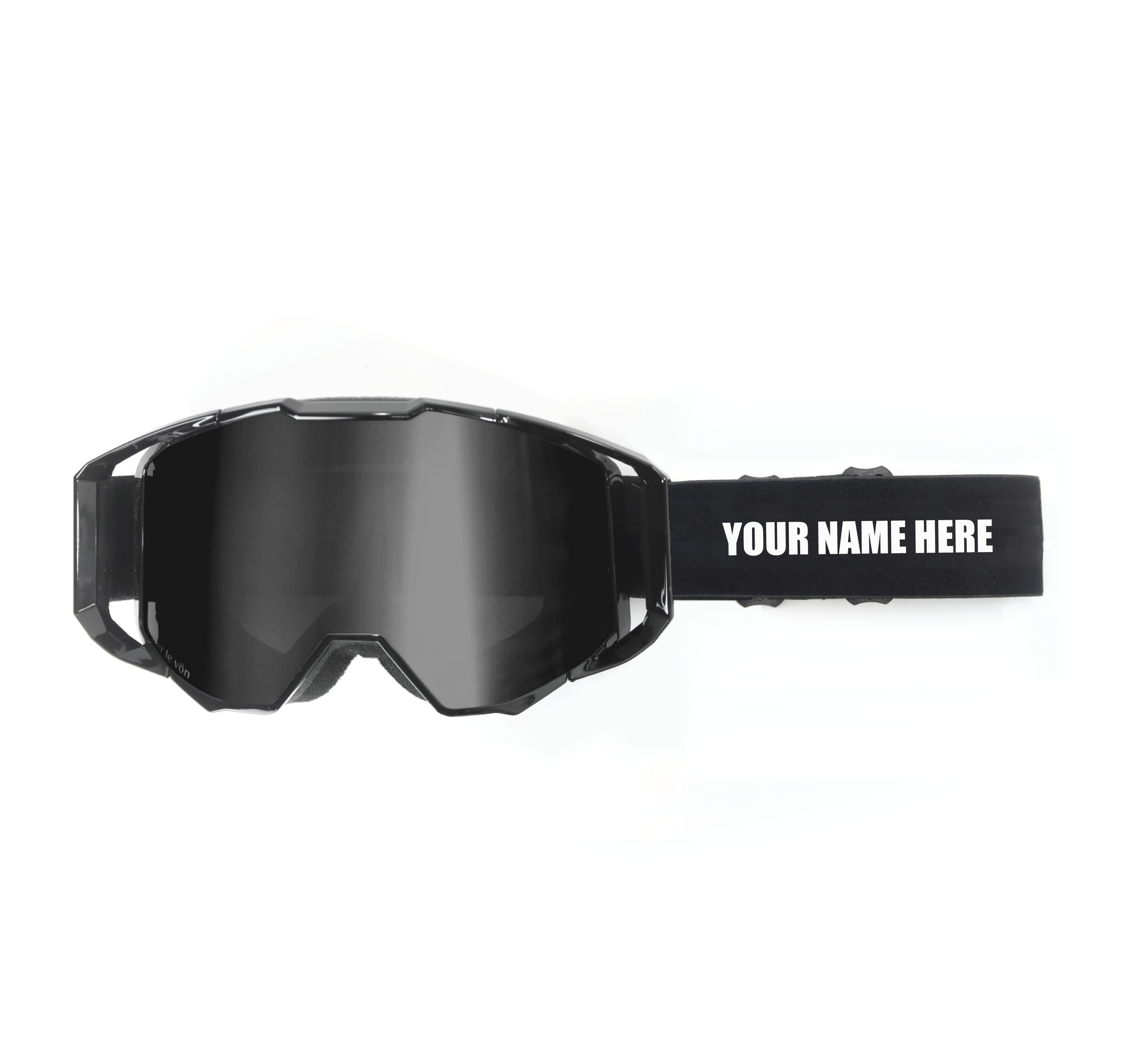 Black ski goggles with a strap that says 'YOUR NAME HERE' in white letters on a black background, isolated on white.