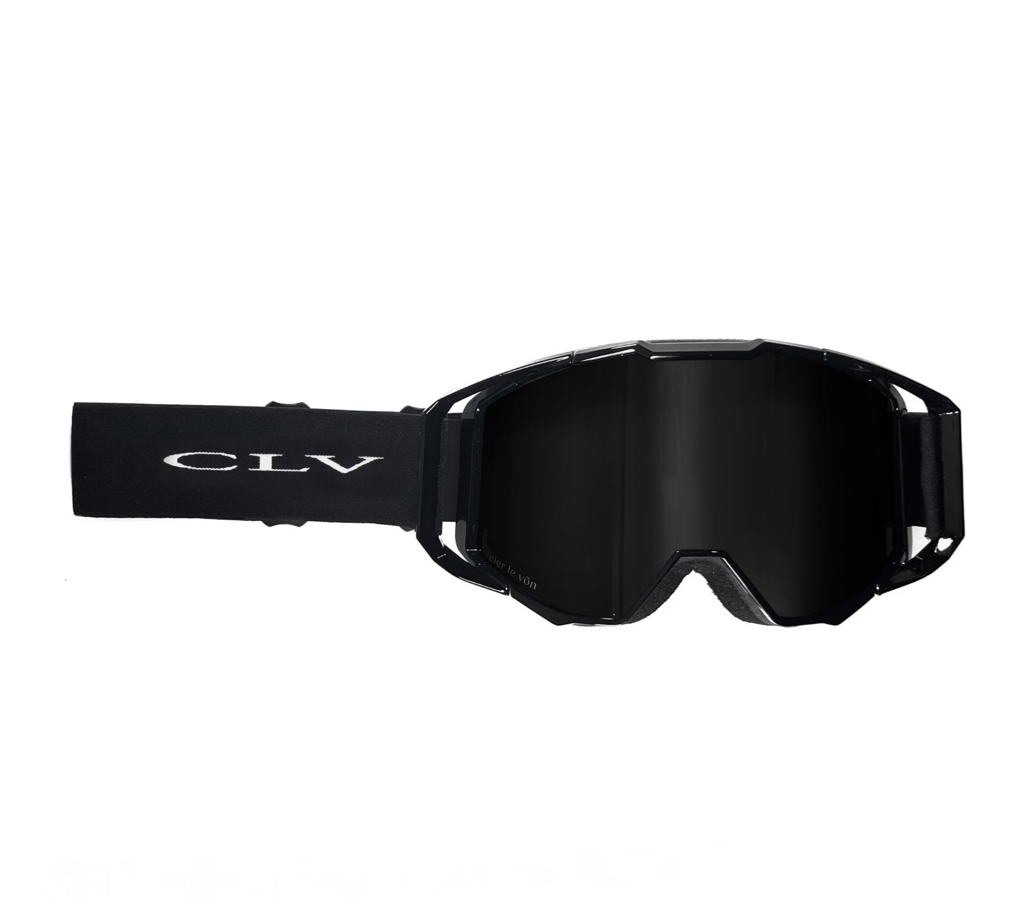 Black ski goggles with a strap that has white text reading 'CLV' against a white background.