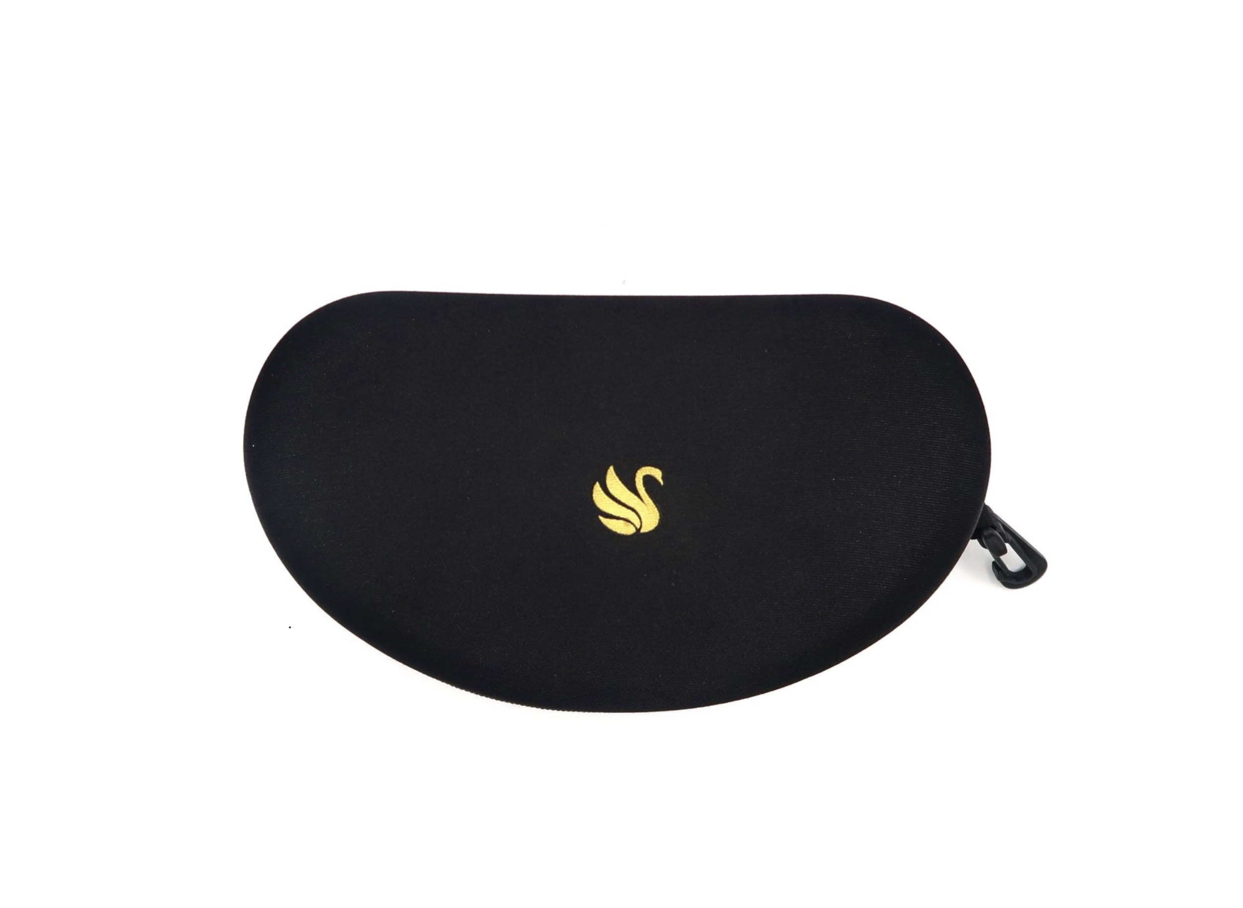 Black EVA zippered case with a gold swan logo on the front, isolated on a white background.