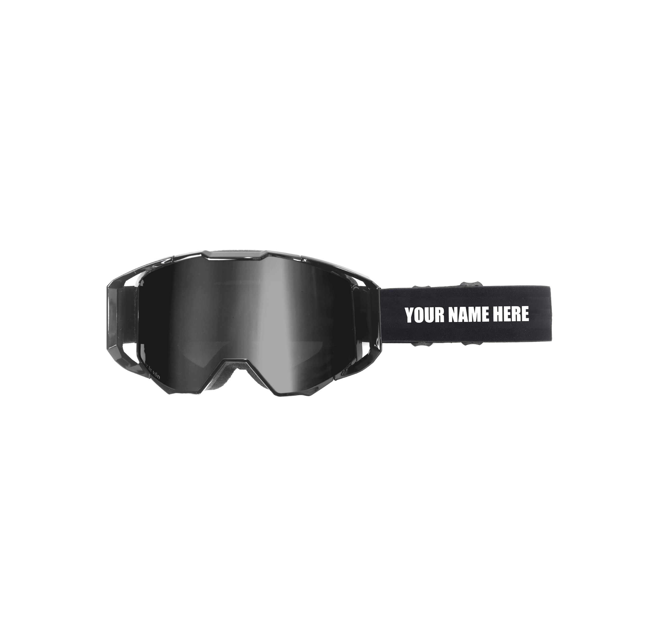Black ski goggles with dark lenses and an adjustable strap that has 'YOUR NAME HERE' written in white.
