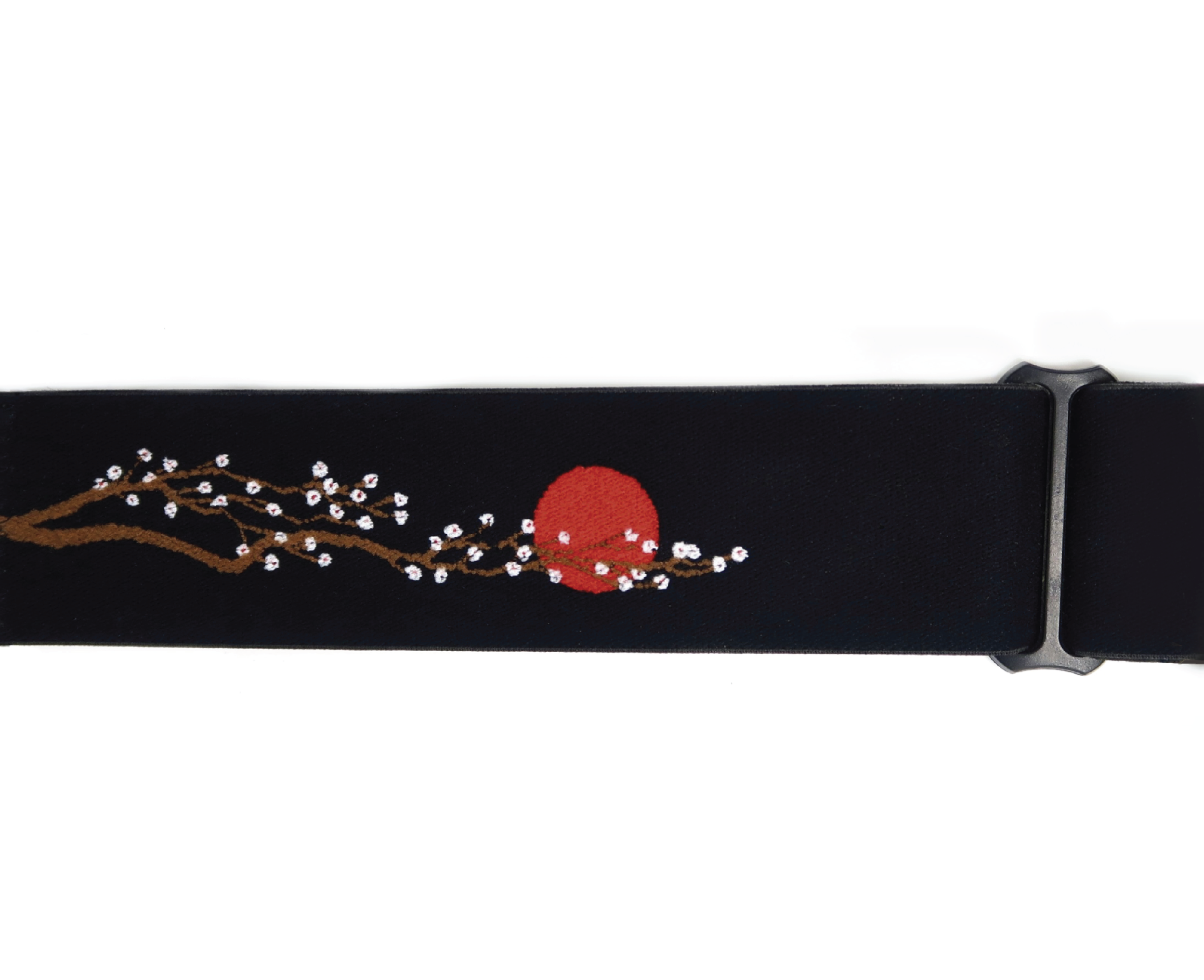 A black fashion designer hand-made mtb mx universal goggle strap Jade Cherry Blossom illustration with the text 'cier le vön' loClose-up of a black fabric with Jacquard woven cherry blossom branch design,