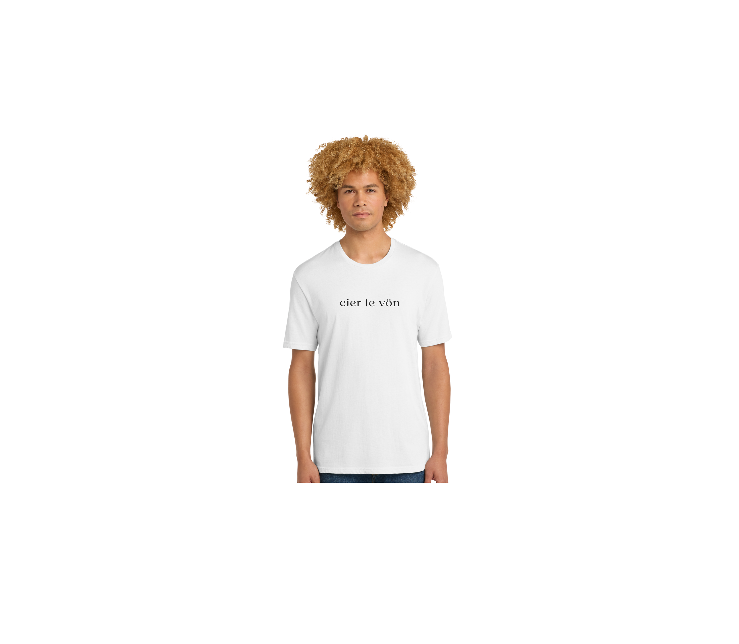 A young man with curly blonde hair wearing a white t-shirt with the black text 'cier le vòn' printed on it, standing against a plain white background.