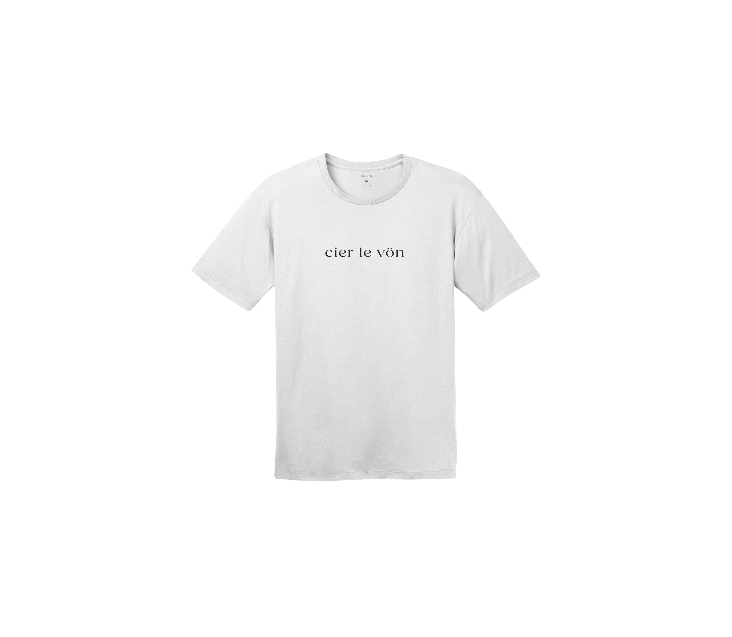 White T-shirt with black text that reads 'cier le vôn' centered on the front.