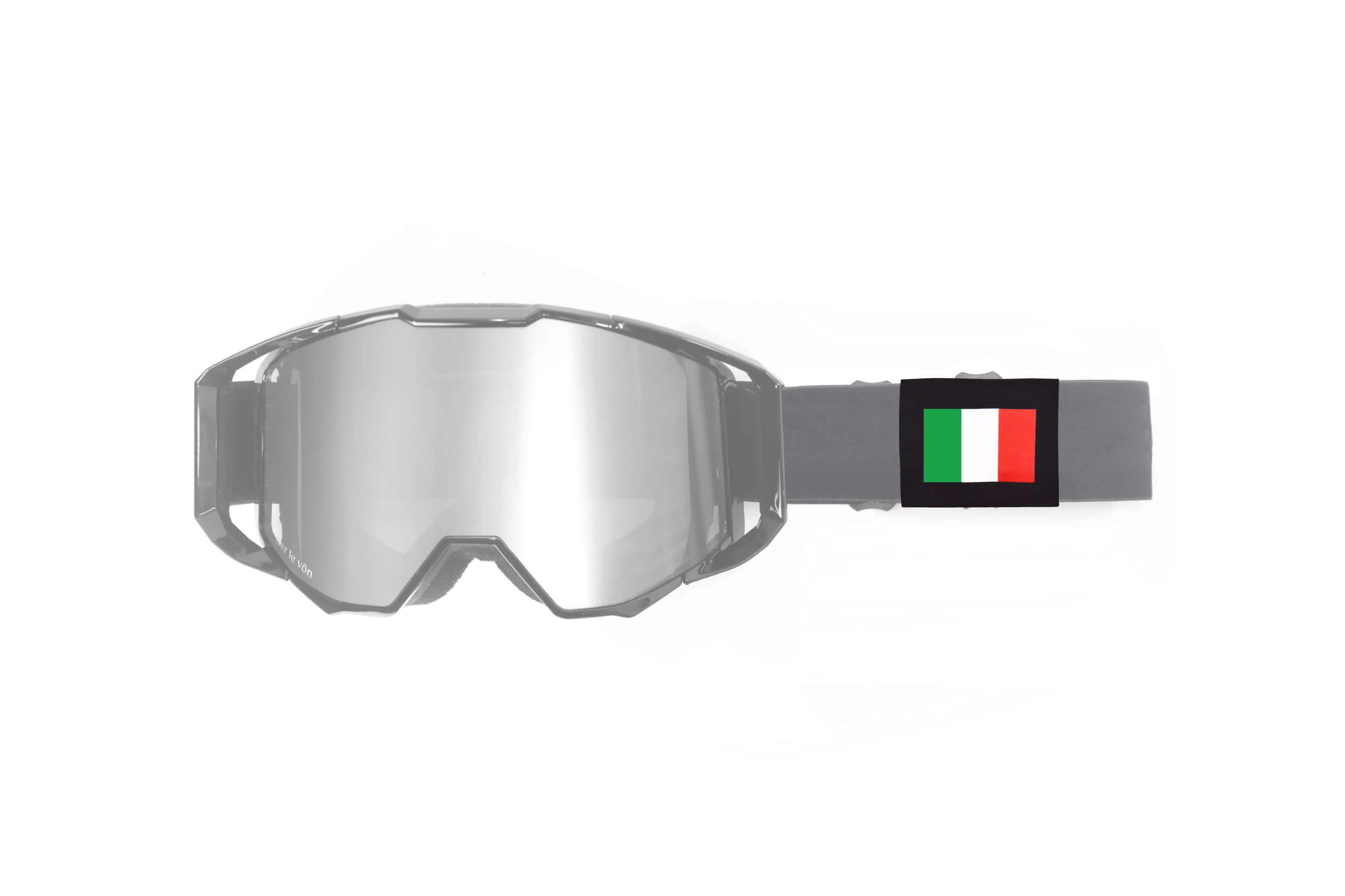 Ski or snowboard goggles with a silver mirrored lens and an adjustable strap featuring an Italian flag design.