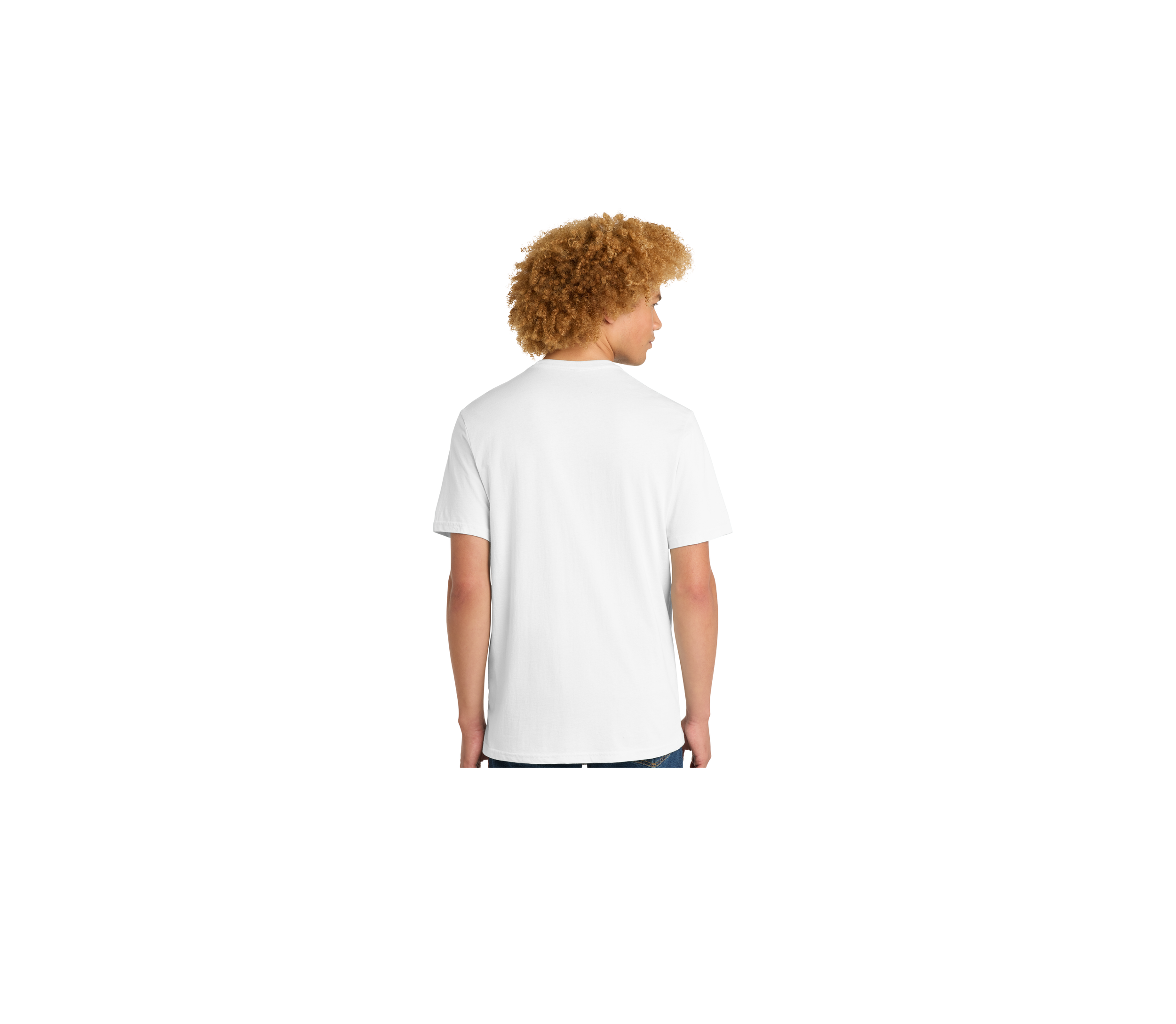Back view of a person with curly blonde hair wearing a plain white T-shirt, facing to the right, against a white background.
