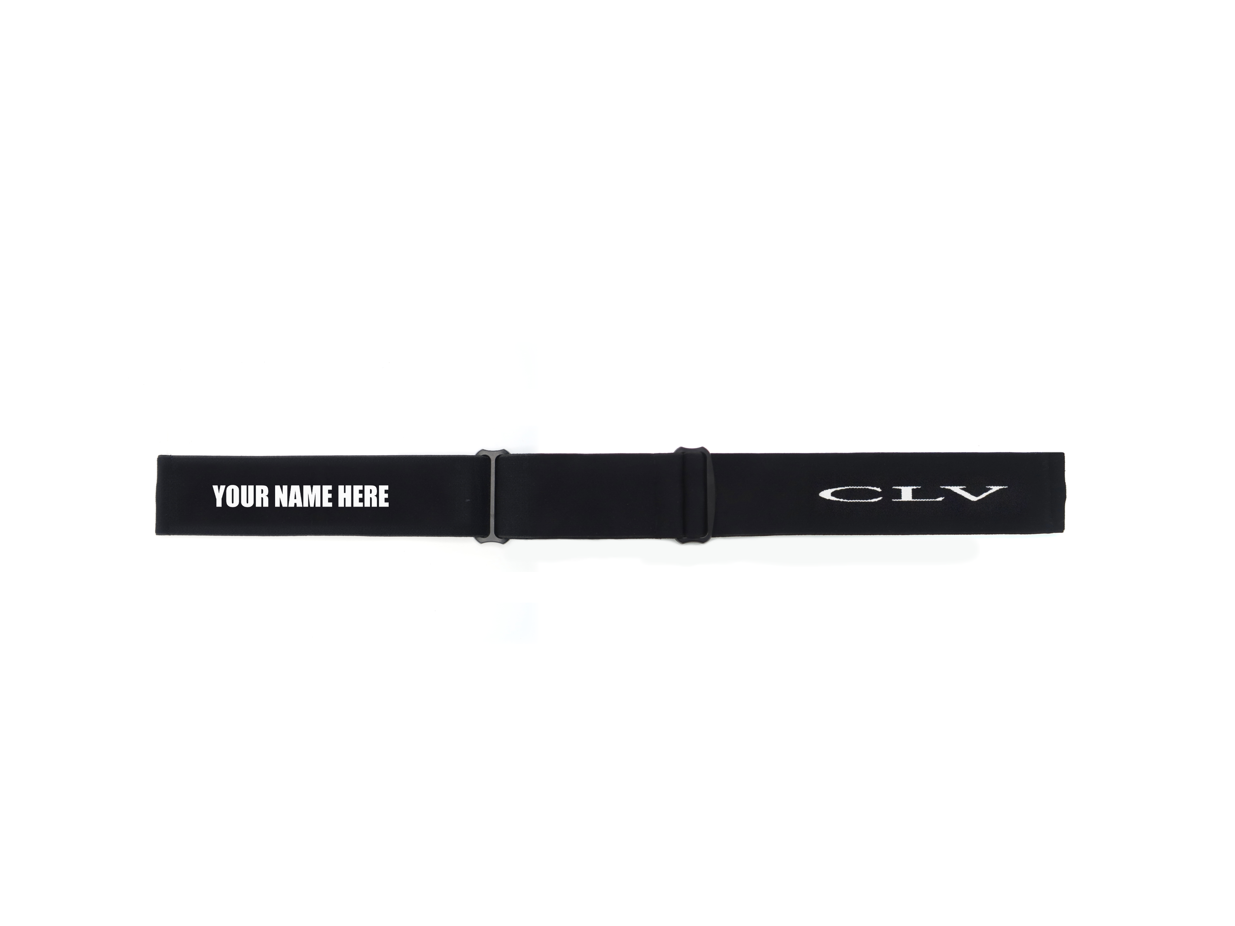 Black CLV Customs Universal Goggle Strap with custom name on goggle strap "Your Name Here" and with text logo on goggle strap "CLV" Hand-Made Custom Goggle Strap 