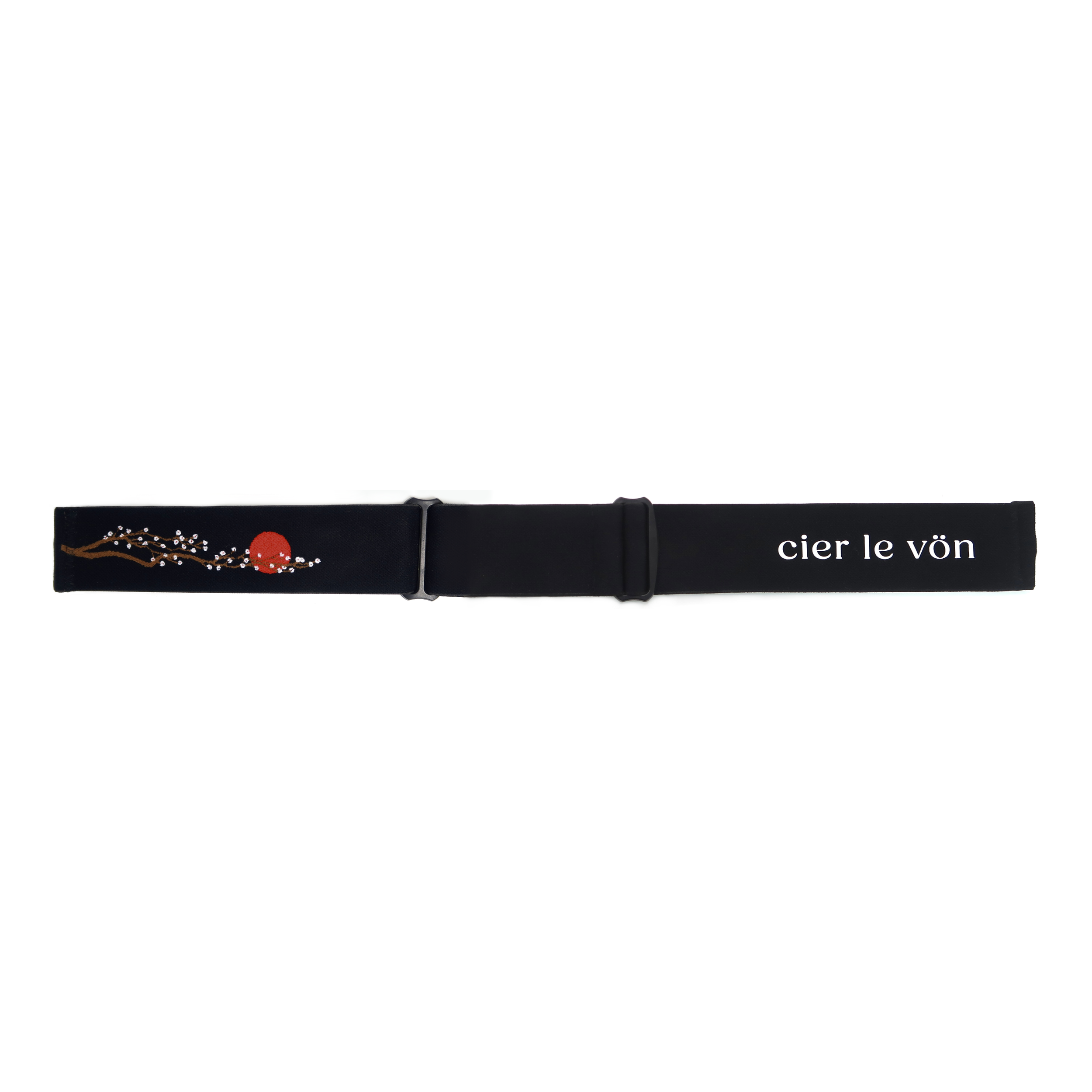 Black fabric belt with embroidered cherry blossom branch and red circle, with the words "cier le vun" printed on it.