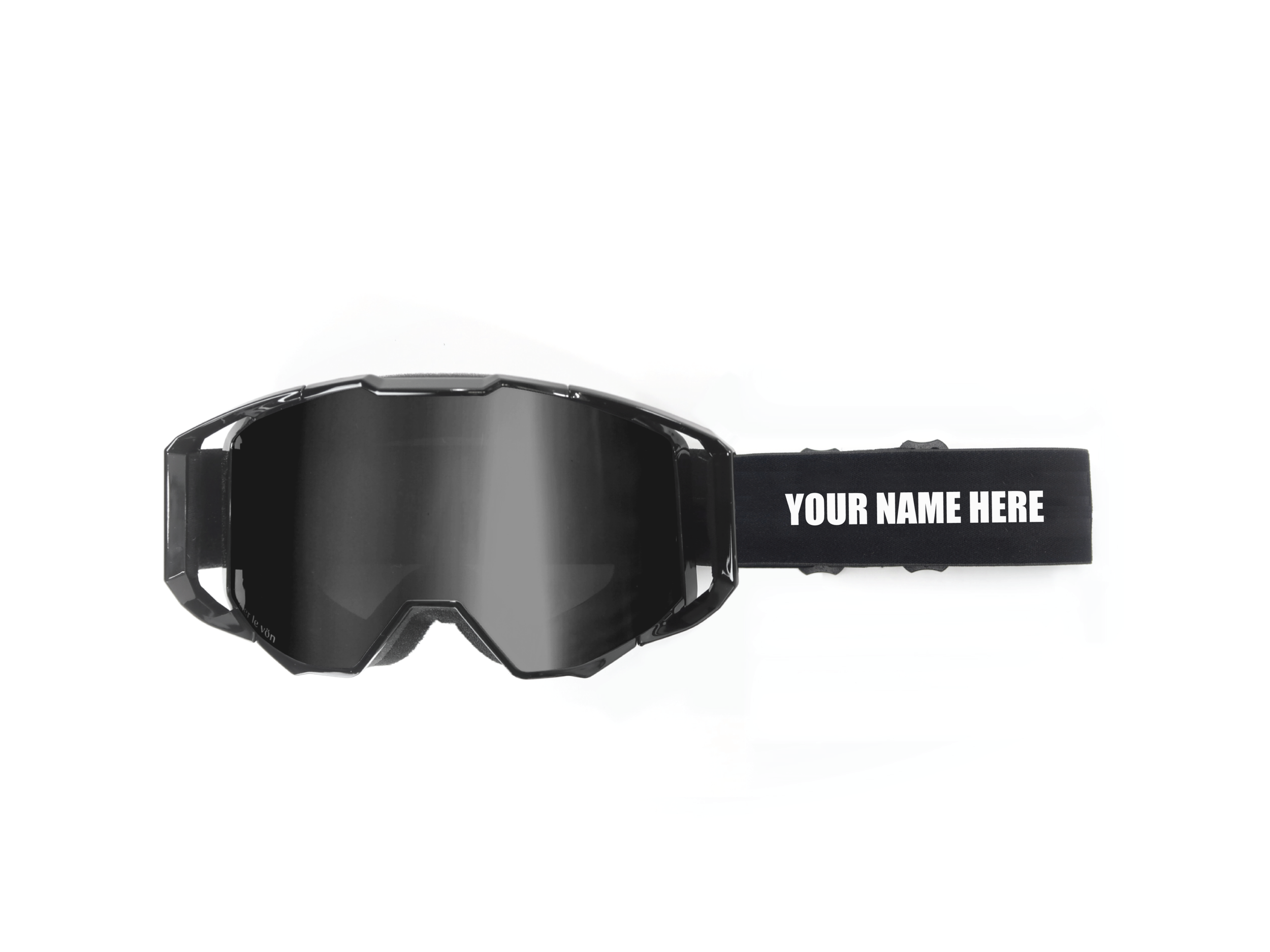 Black CLV Customs Universal Goggle Strap with custom name on goggle strap "Your Name Here" Hand-Made Custom Goggle Strap attached to Premier FR/MX Goggle Frame with Lens Black/Noir.