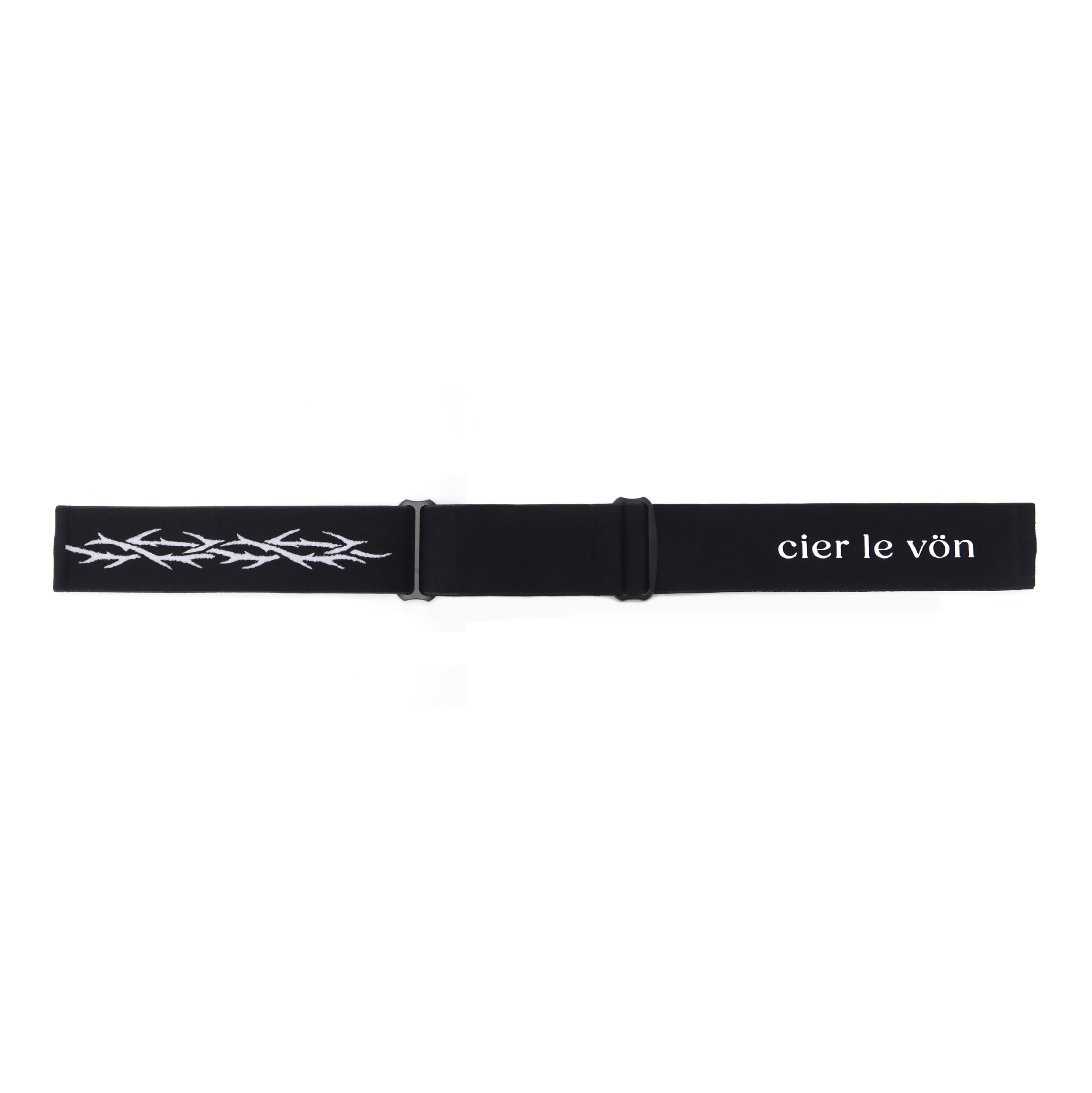 A black fashion designer hand-made mtb mx universal goggle strap Couronne fashion art illustration with the text 'cier le vön' logo on it.