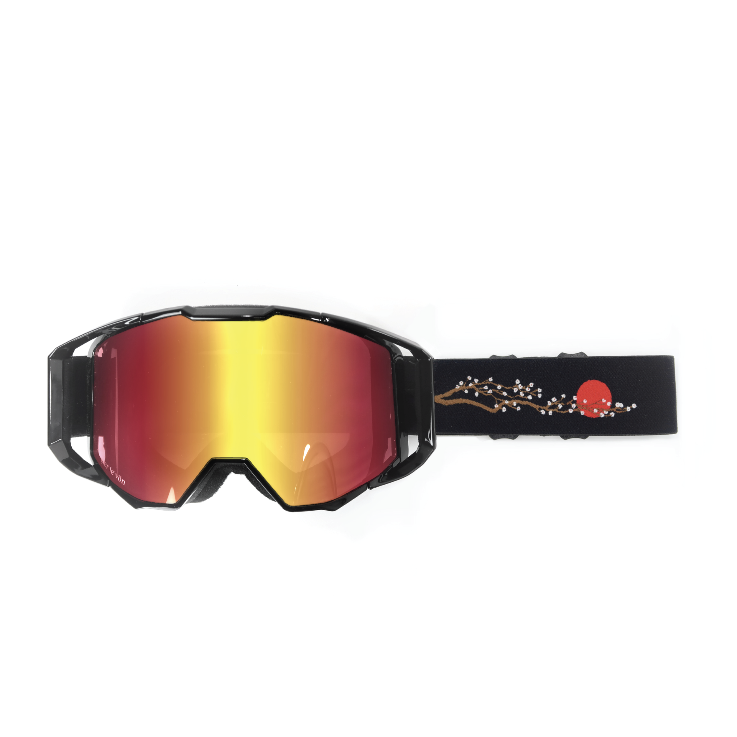 Black ski goggles with a reflective red and yellow tinted lens and a decorative strap with a red circle and white branch design.