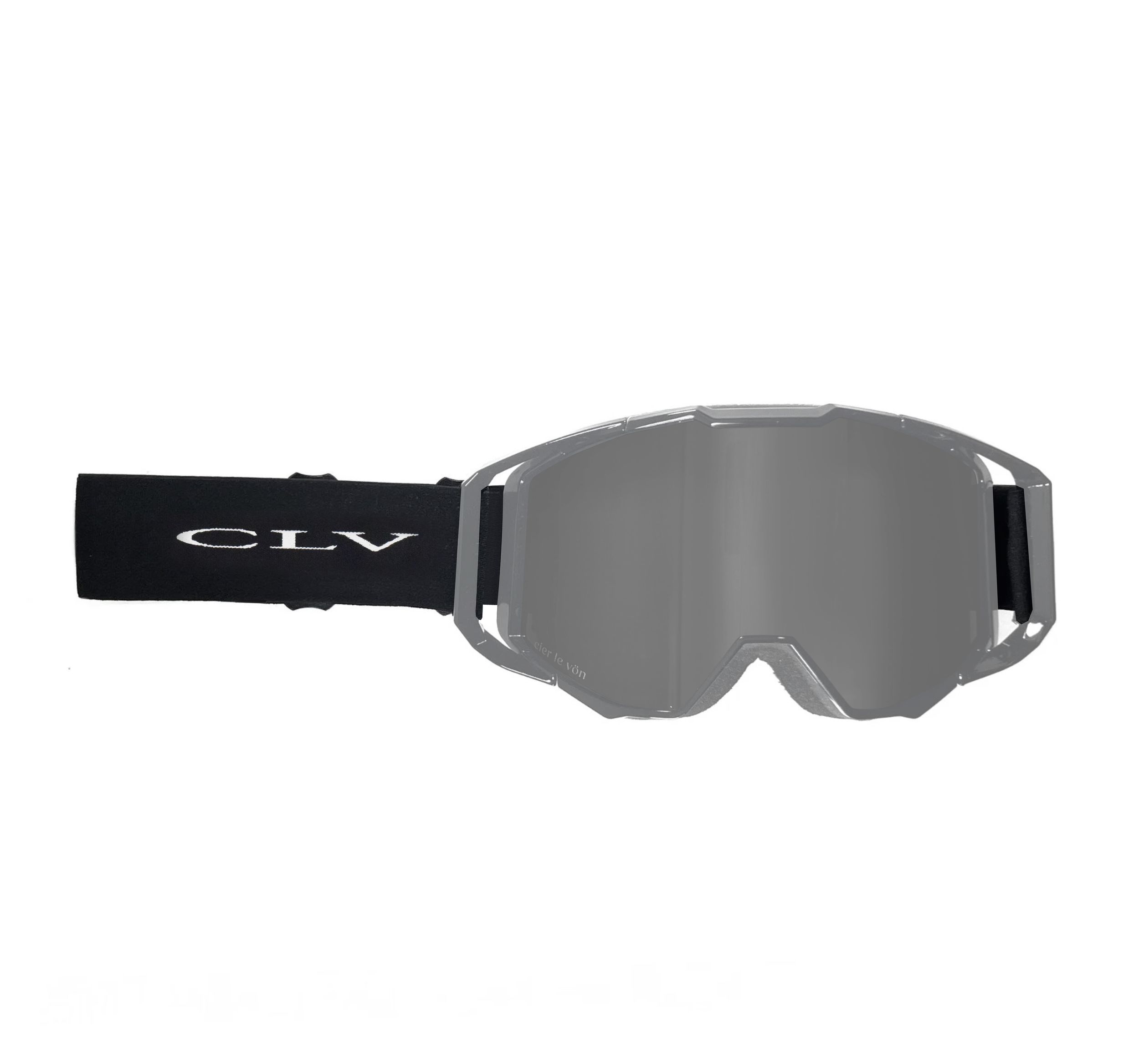 Black and gray ski or motocross goggles with a black strap labeled 'CLV'
