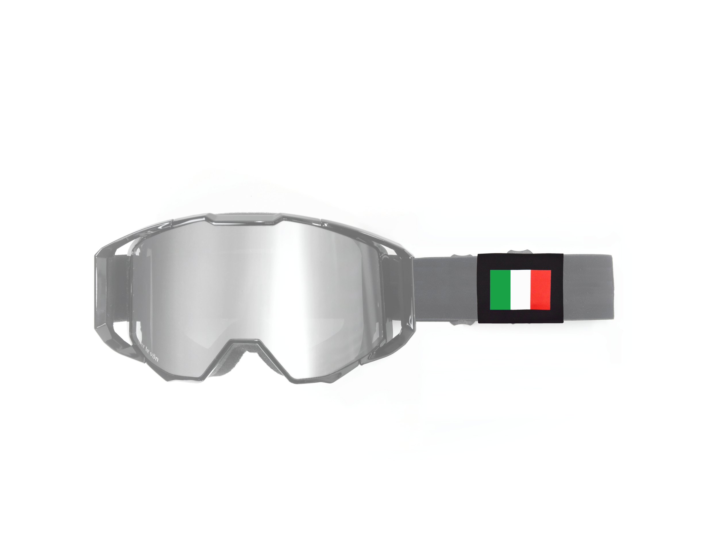A pair of black ski mtb Moto CLV Customs goggles with a reflective lens and an Italian flag NATIONALITY BAND on the strap.