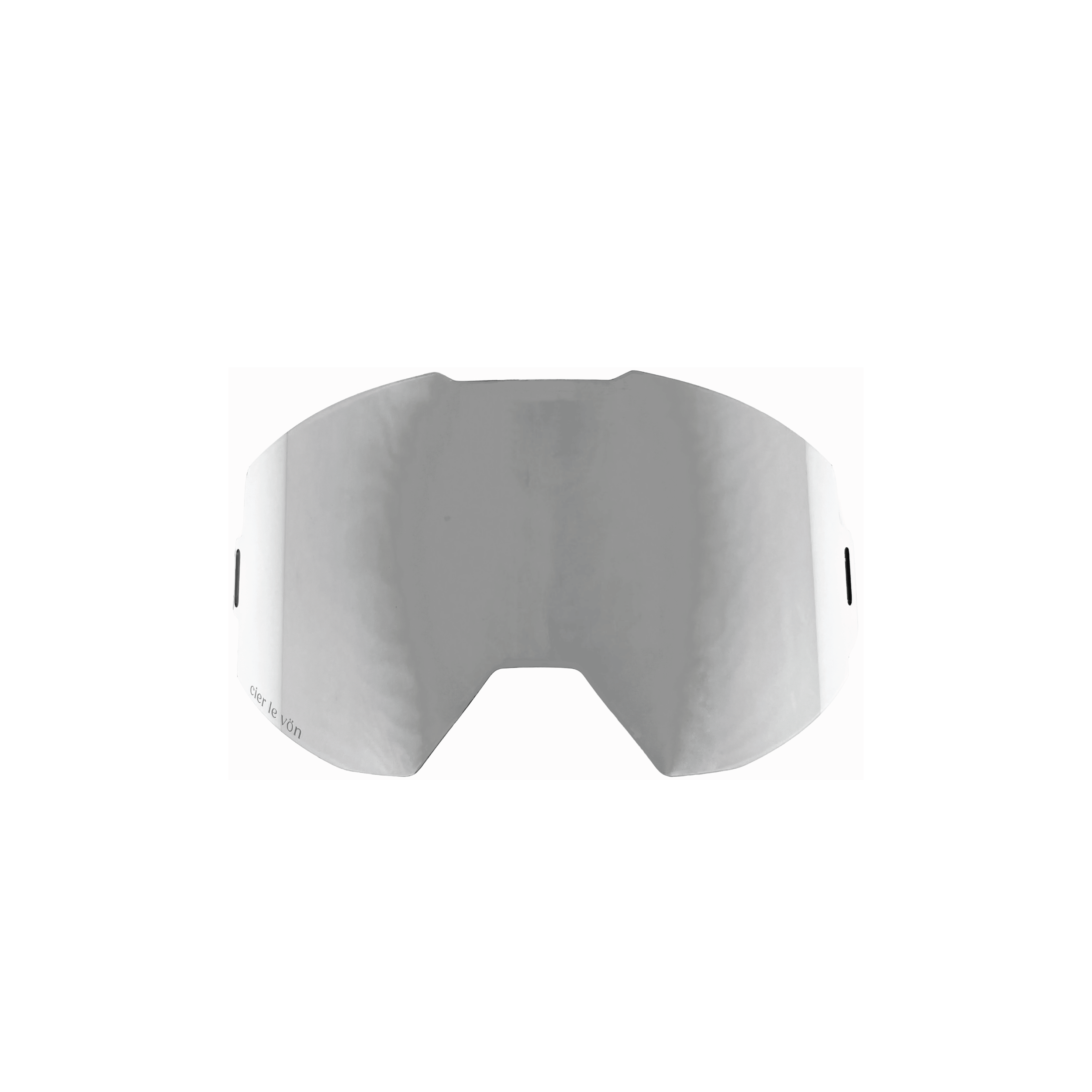 White protective sports mask with black side accents and ventilation slits, viewed from the front.