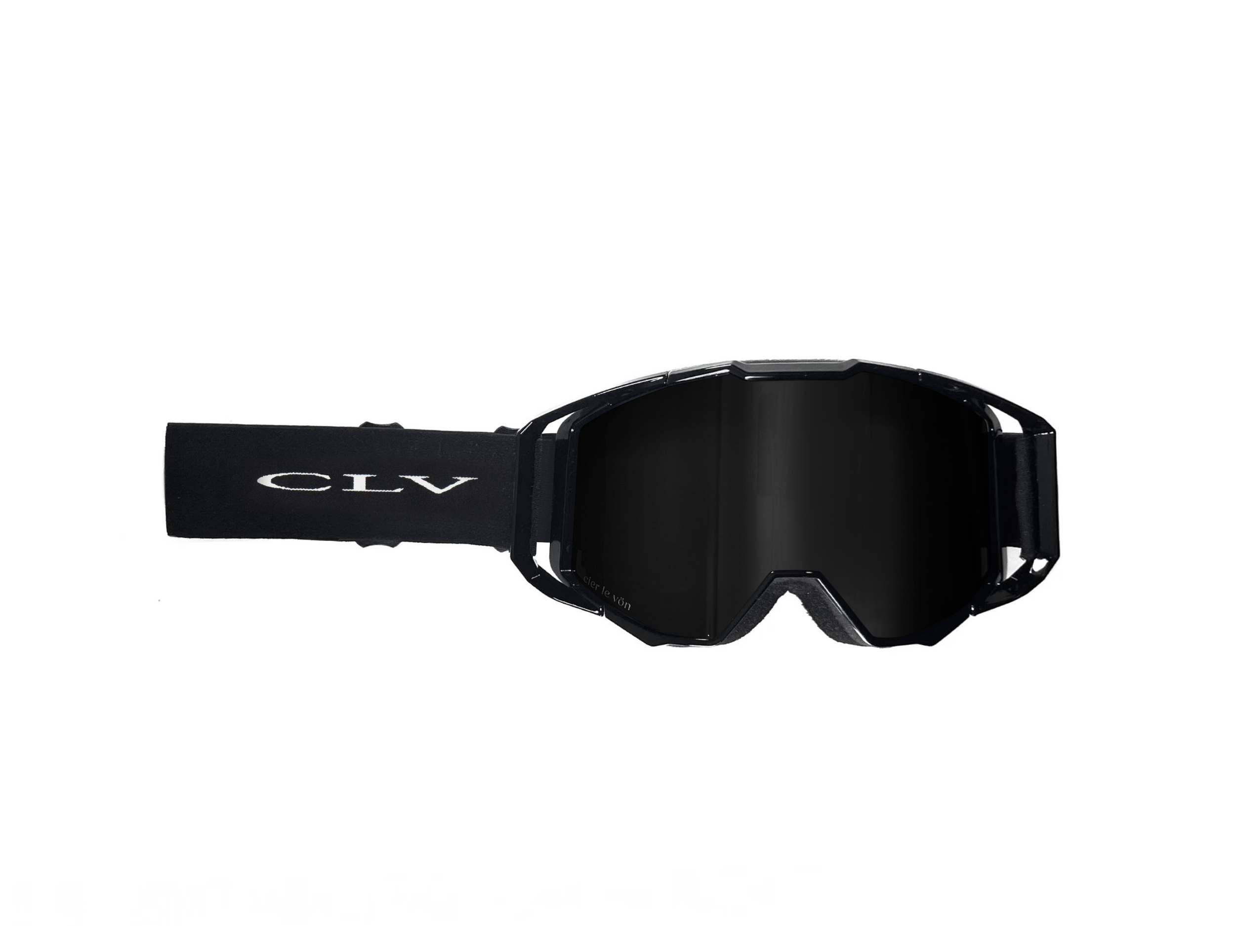 Black CLV Customs Universal Goggle Strap with text logo on goggle strap "CLV" Hand-Made Custom Goggle Strap attached to Premier FR/MX Goggle Frame with Lens Black/Noir.