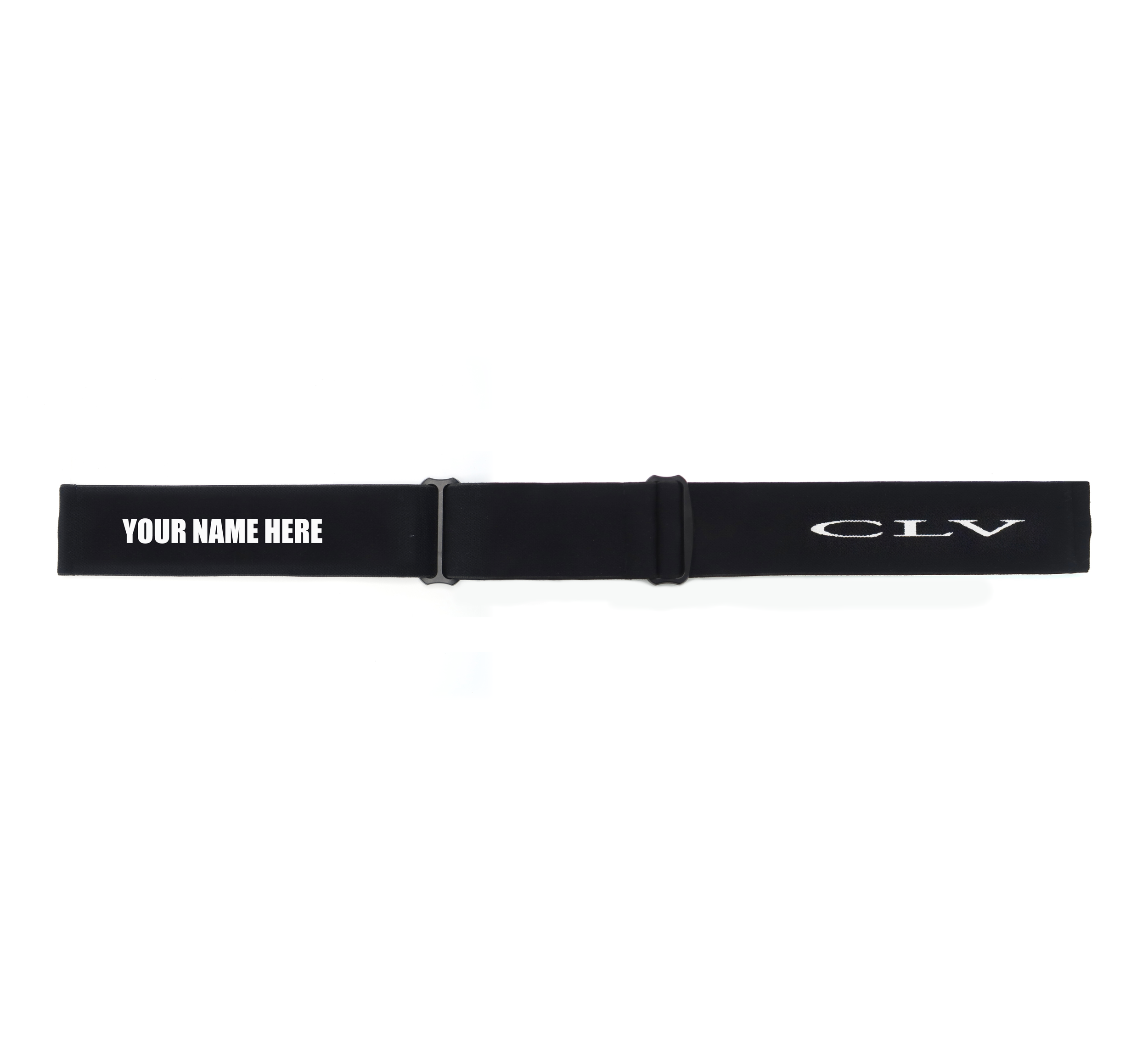 Black Universal Goggle Strap with customizable text 'YOUR NAME HERE' on the left and a partially visible logo 'CIV' on the right.