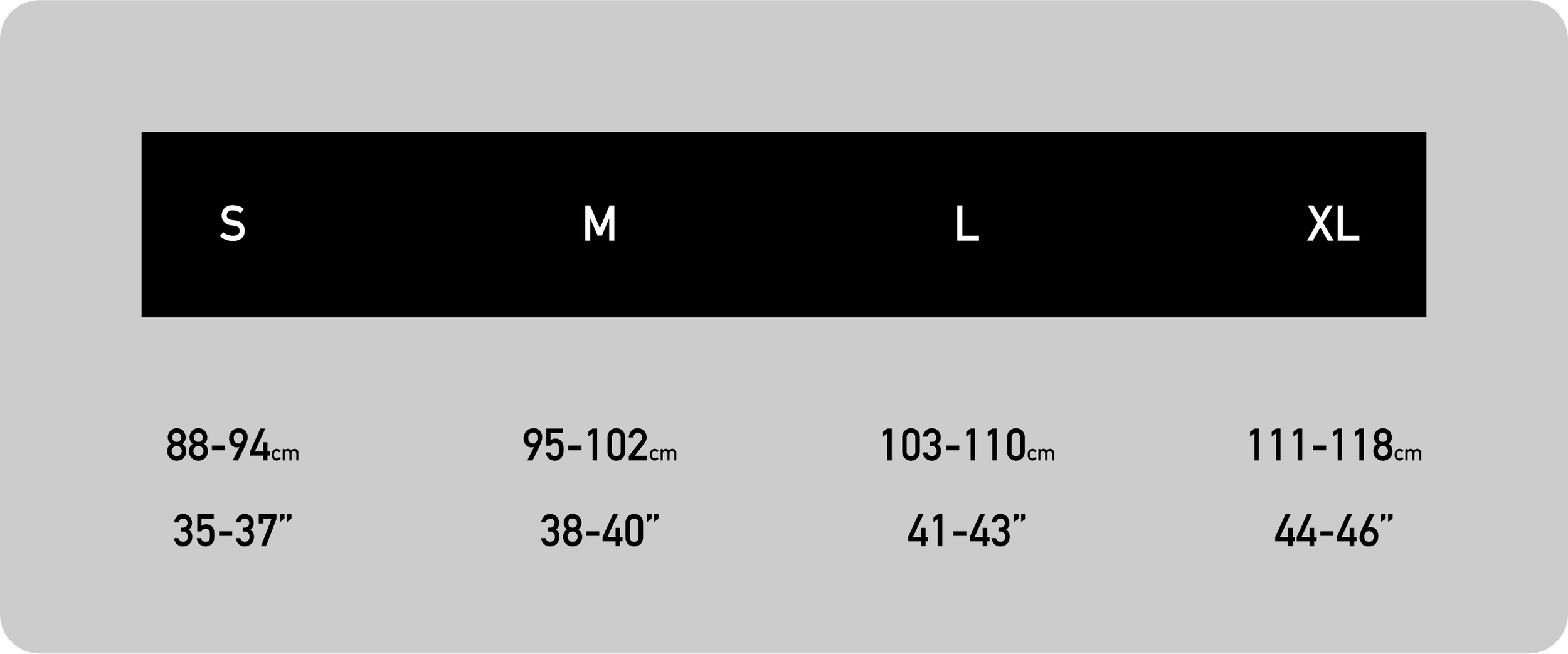 A size chart with four columns labeled S, M, L, and XL, showing waist measurements in centimeters and inches for each size.