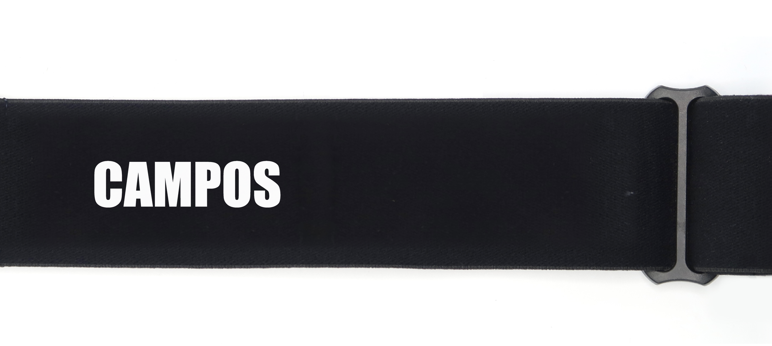 Close-up of a black strap with the word 'CAMPOS' printed in white letters on it.