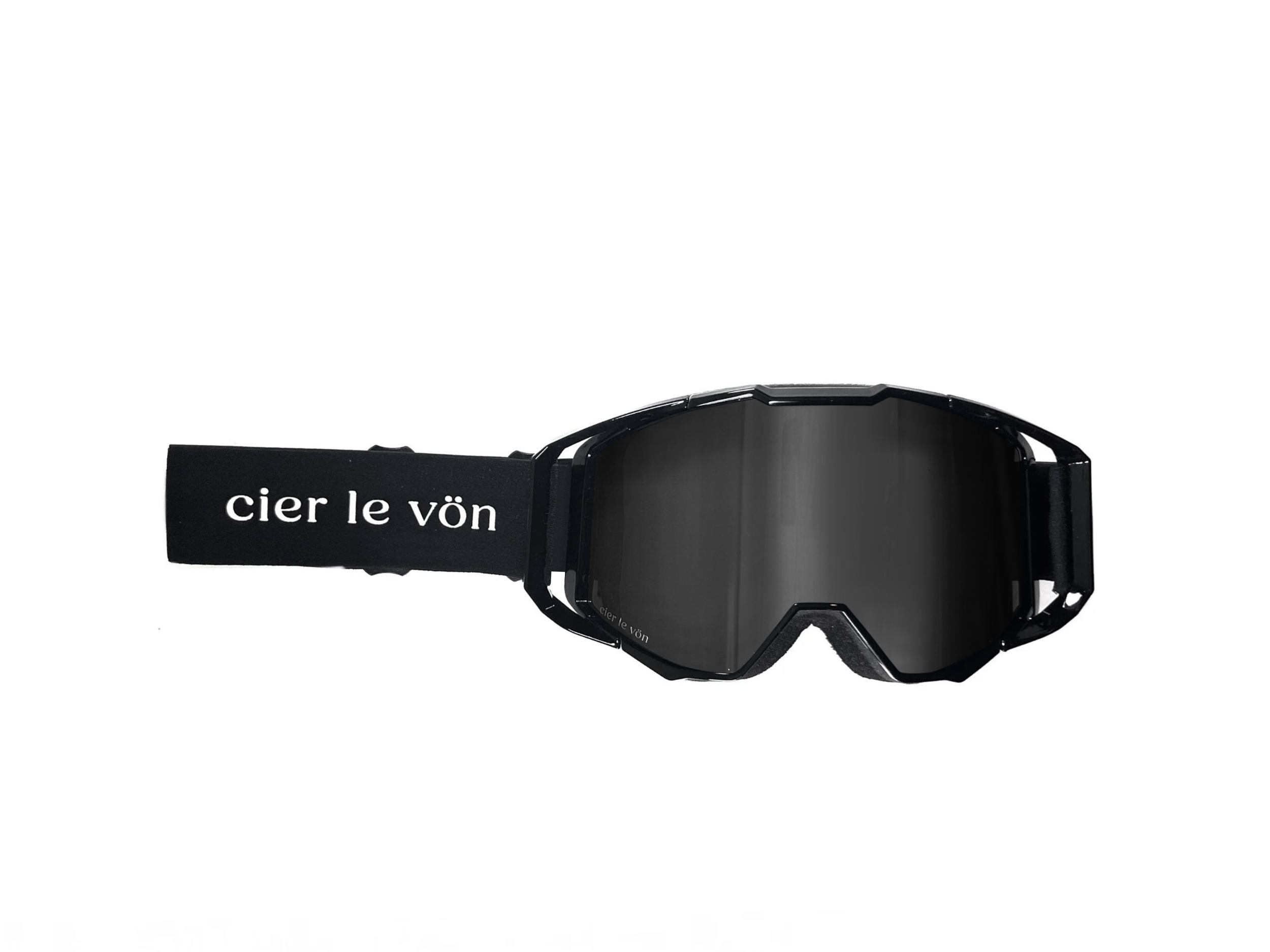 Black ski goggles with a black strap that has white text reading "cier le vôn."